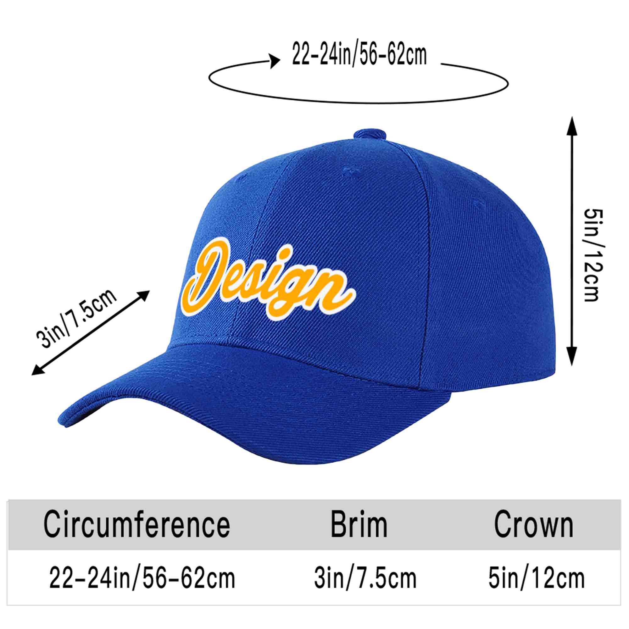 Custom Royal Yellow-White Curved Eaves Sport Design Baseball Cap