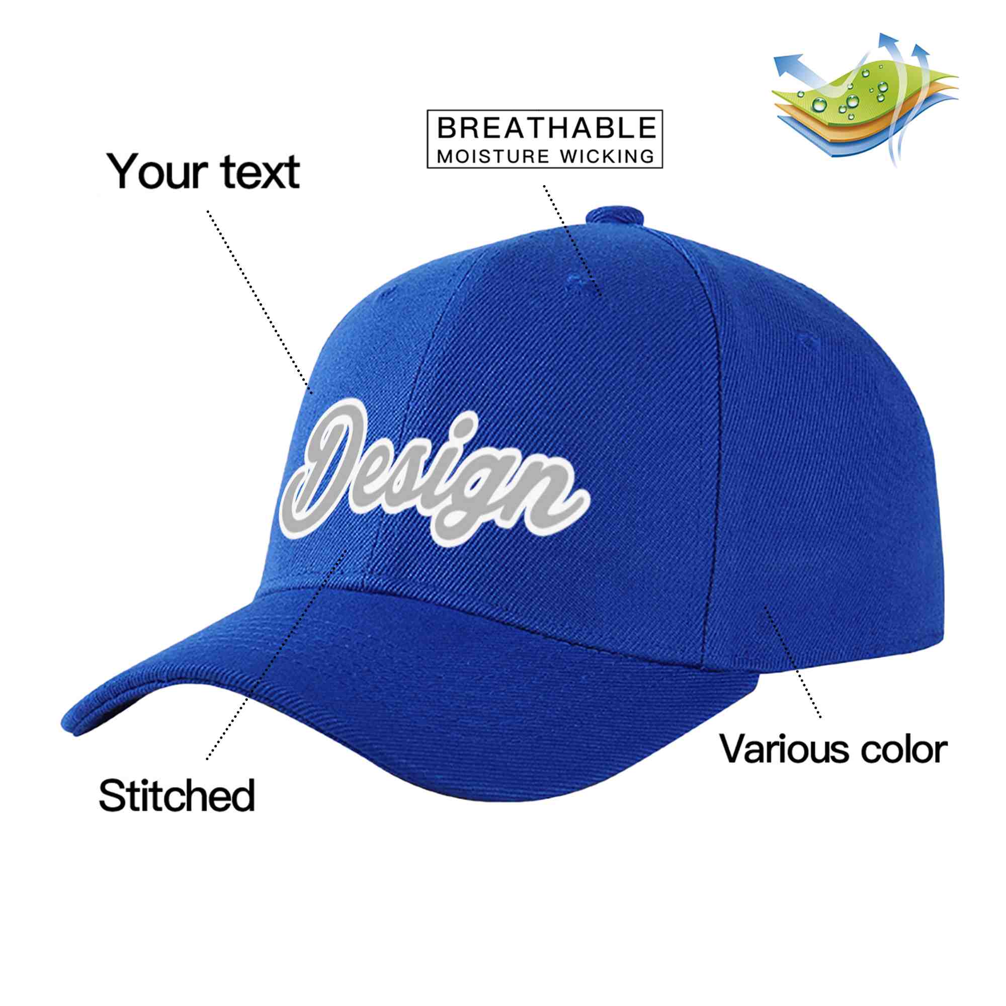 Custom Royal Gray-White Curved Eaves Sport Design Baseball Cap