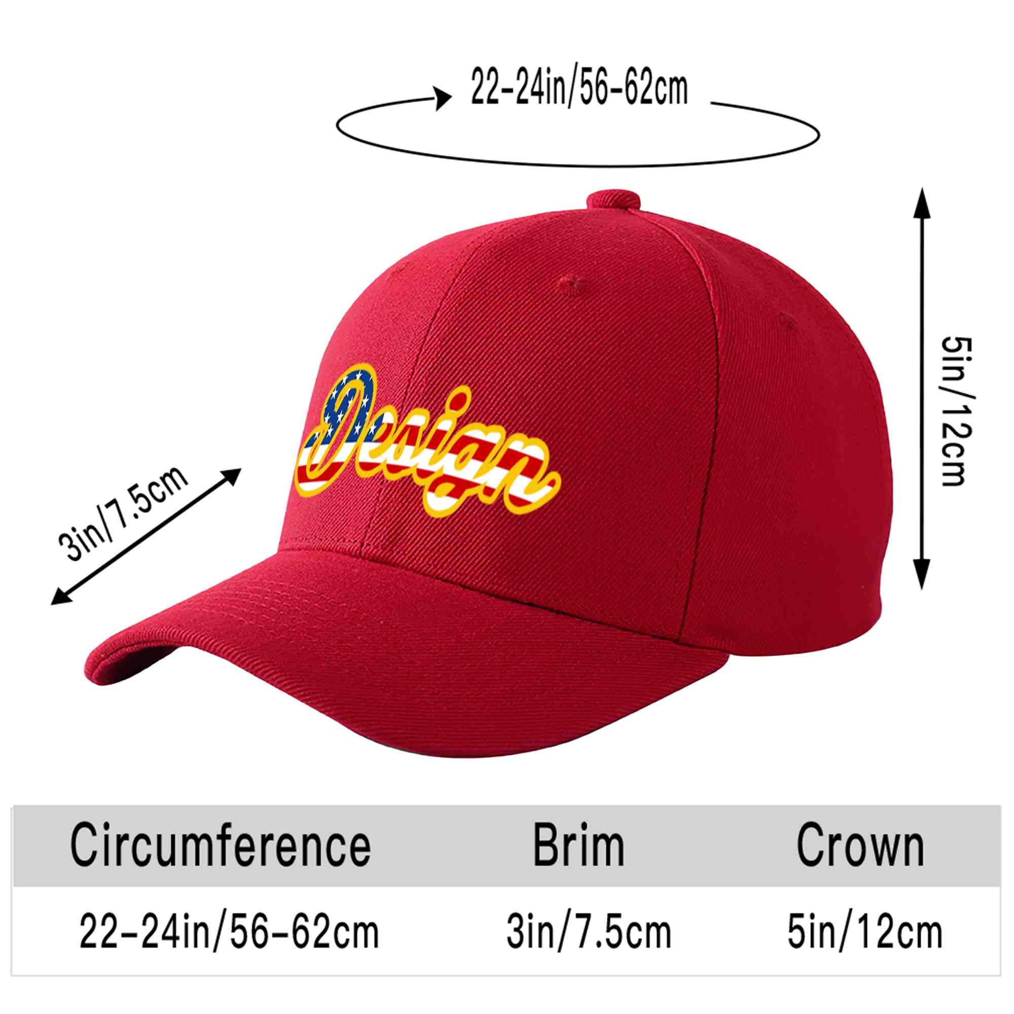 Casquette de baseball personnalisée avec drapeau américain vintage rouge et or avec avant-toit incurvé et design sportif