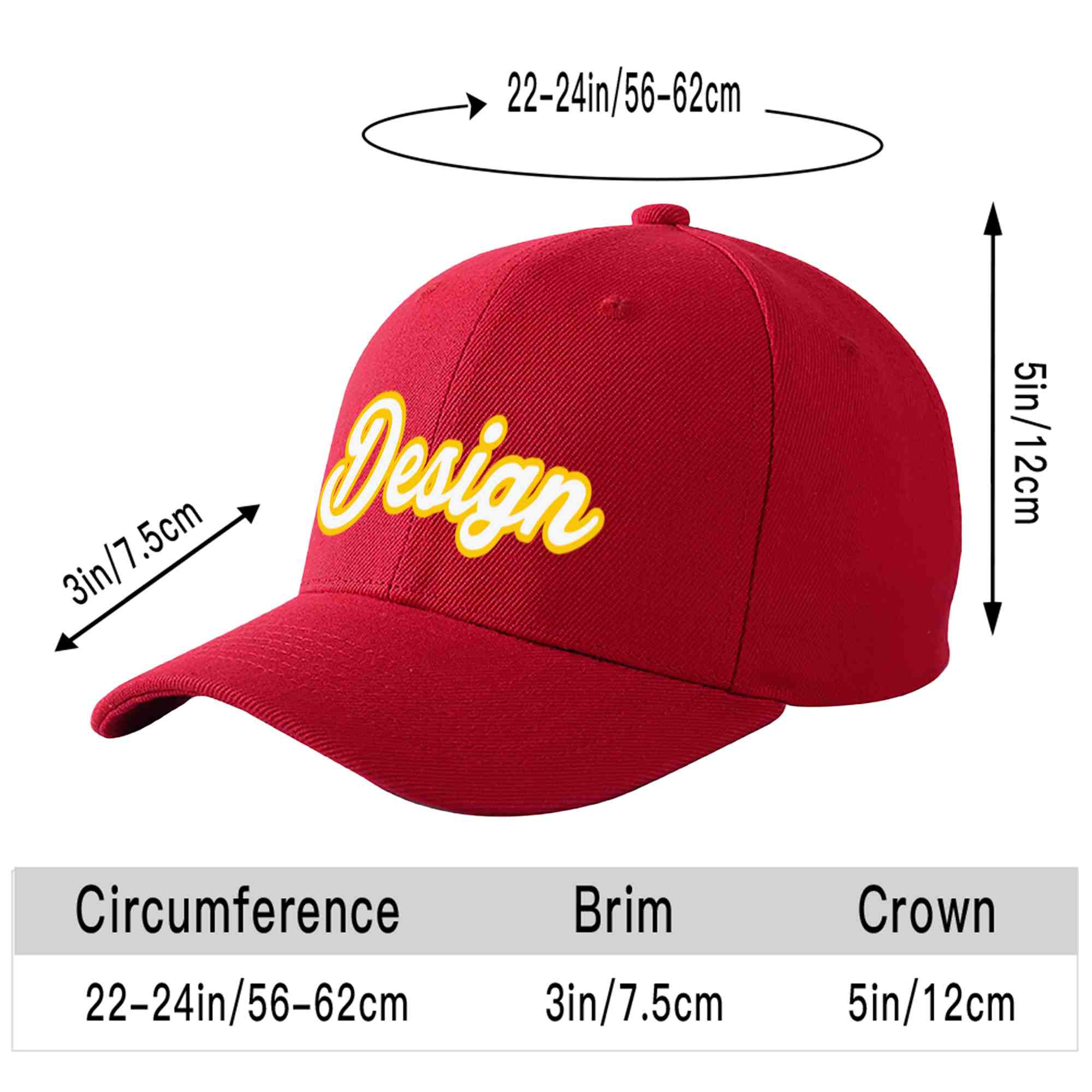 Casquette de baseball courbée personnalisée rouge blanc-or avec avant-toit et design sportif