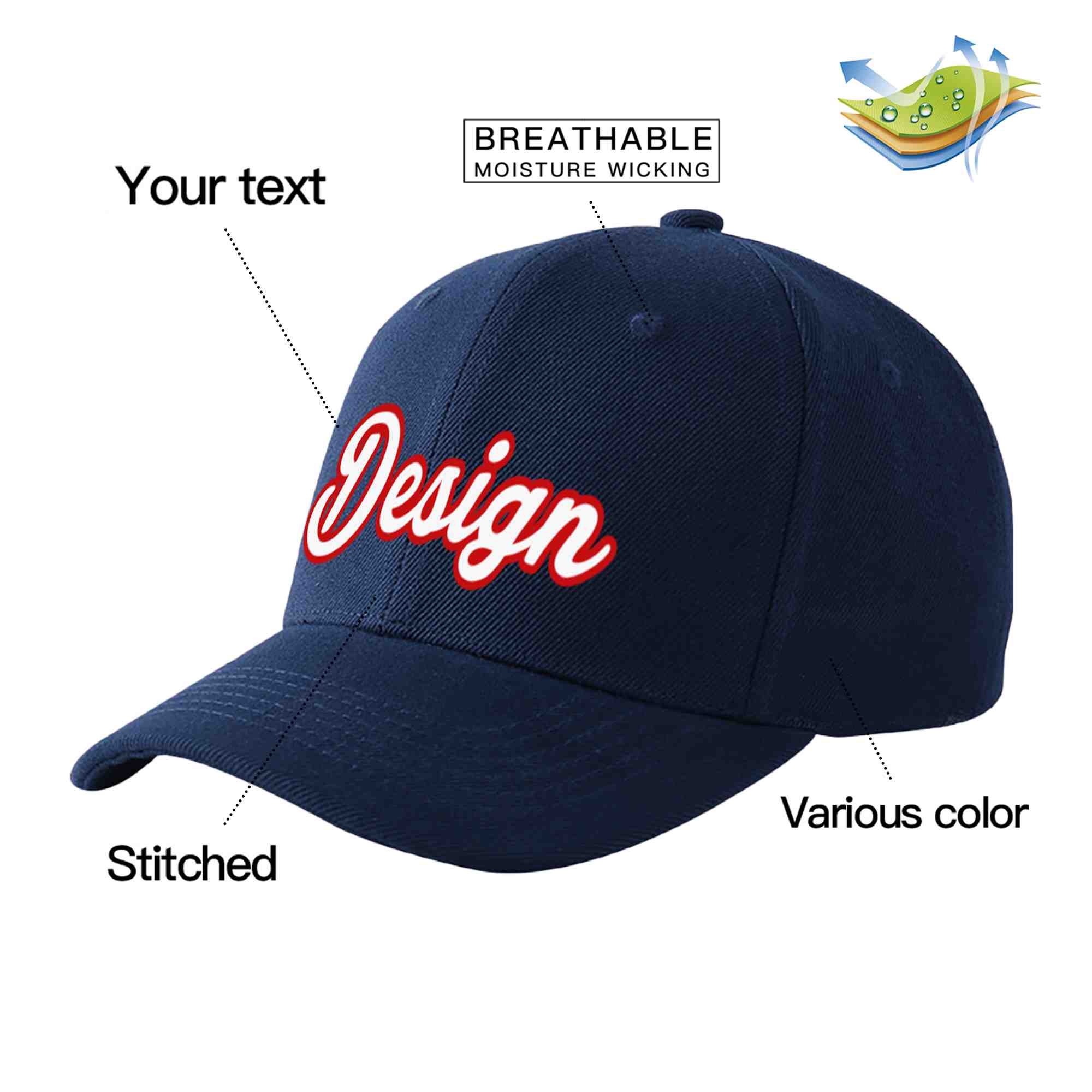 Casquette de baseball personnalisée bleu marine blanc-rouge avec avant-toit incurvé