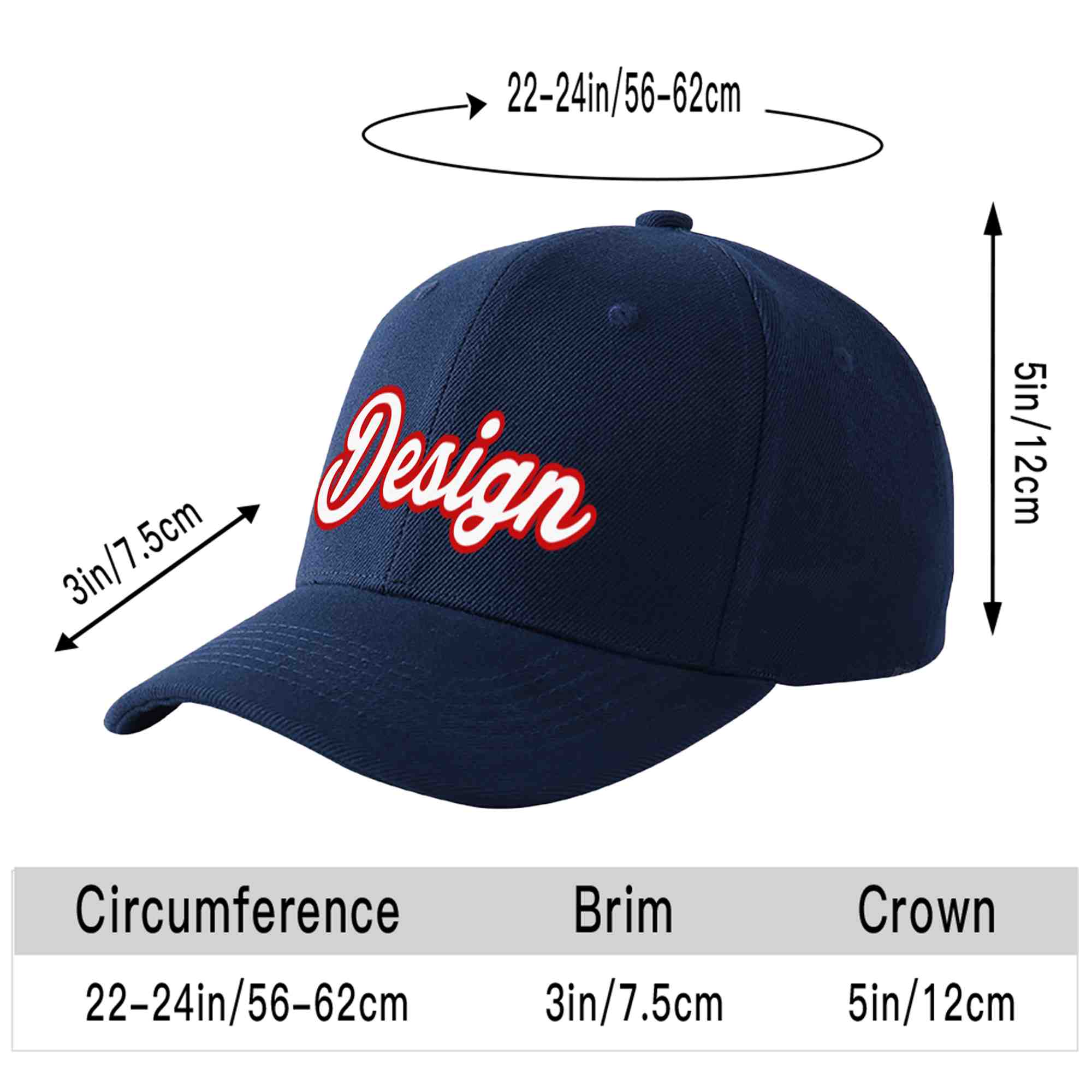 Casquette de baseball personnalisée bleu marine blanc-rouge avec avant-toit incurvé