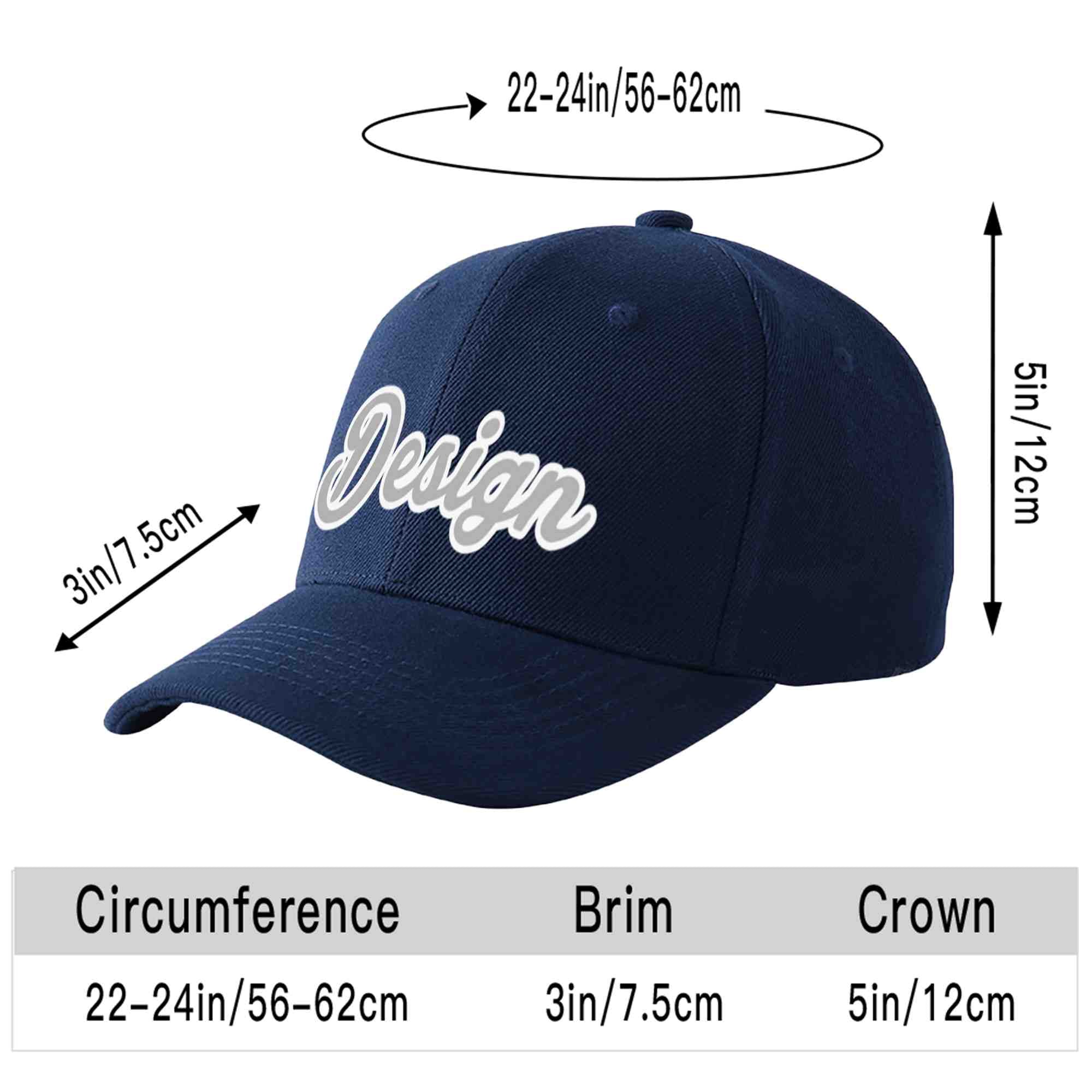 Custom Navy Gray-White Curved Eaves Sport Design Baseball Cap