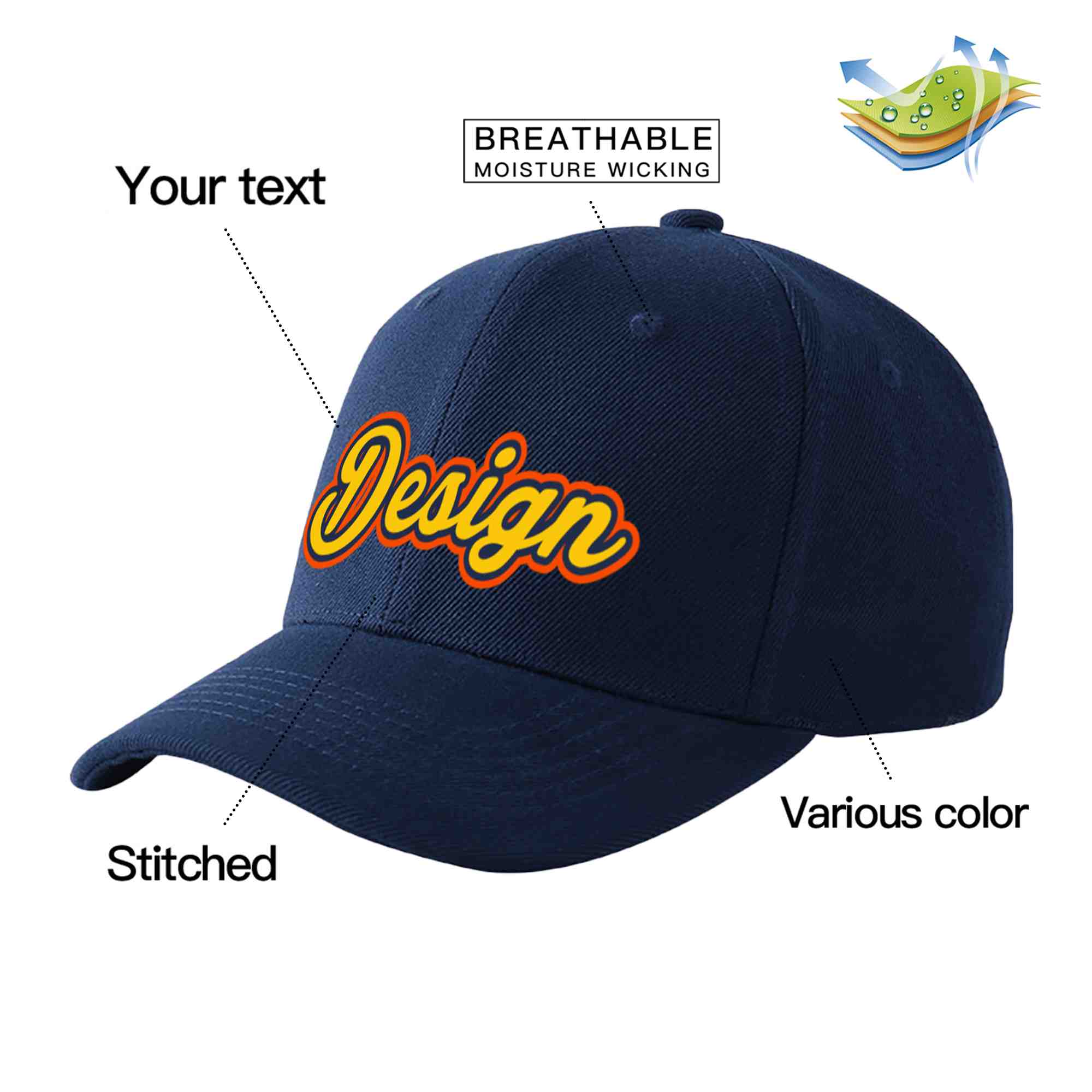 Custom Navy Gold-Navy Curved Eaves Sport Design Baseball Cap