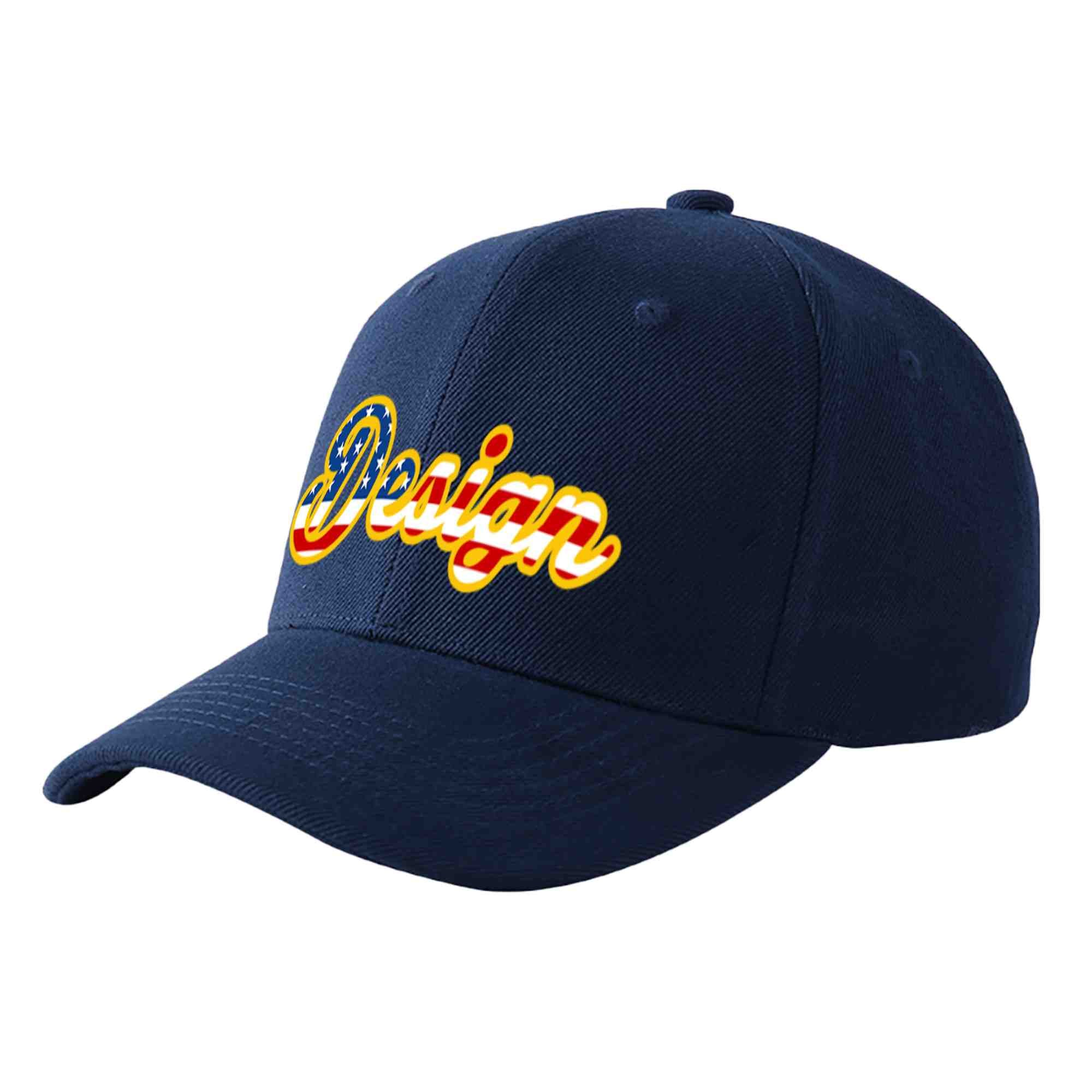 Custom Navy Vintage USA Flag-Gold Curved Eaves Sport Design Baseball Cap