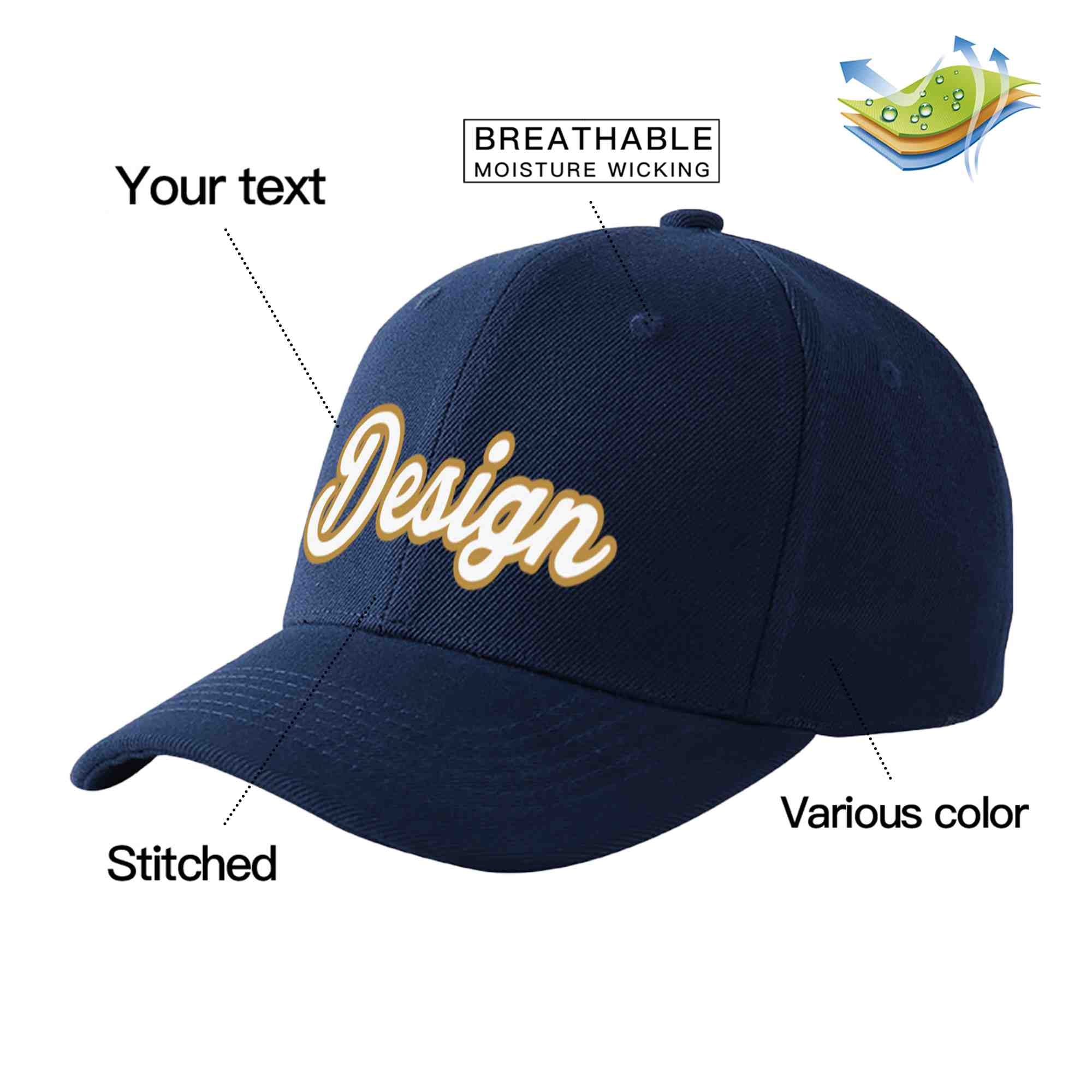 Custom Navy White-Old Gold Curved Eaves Sport Design Baseball Cap