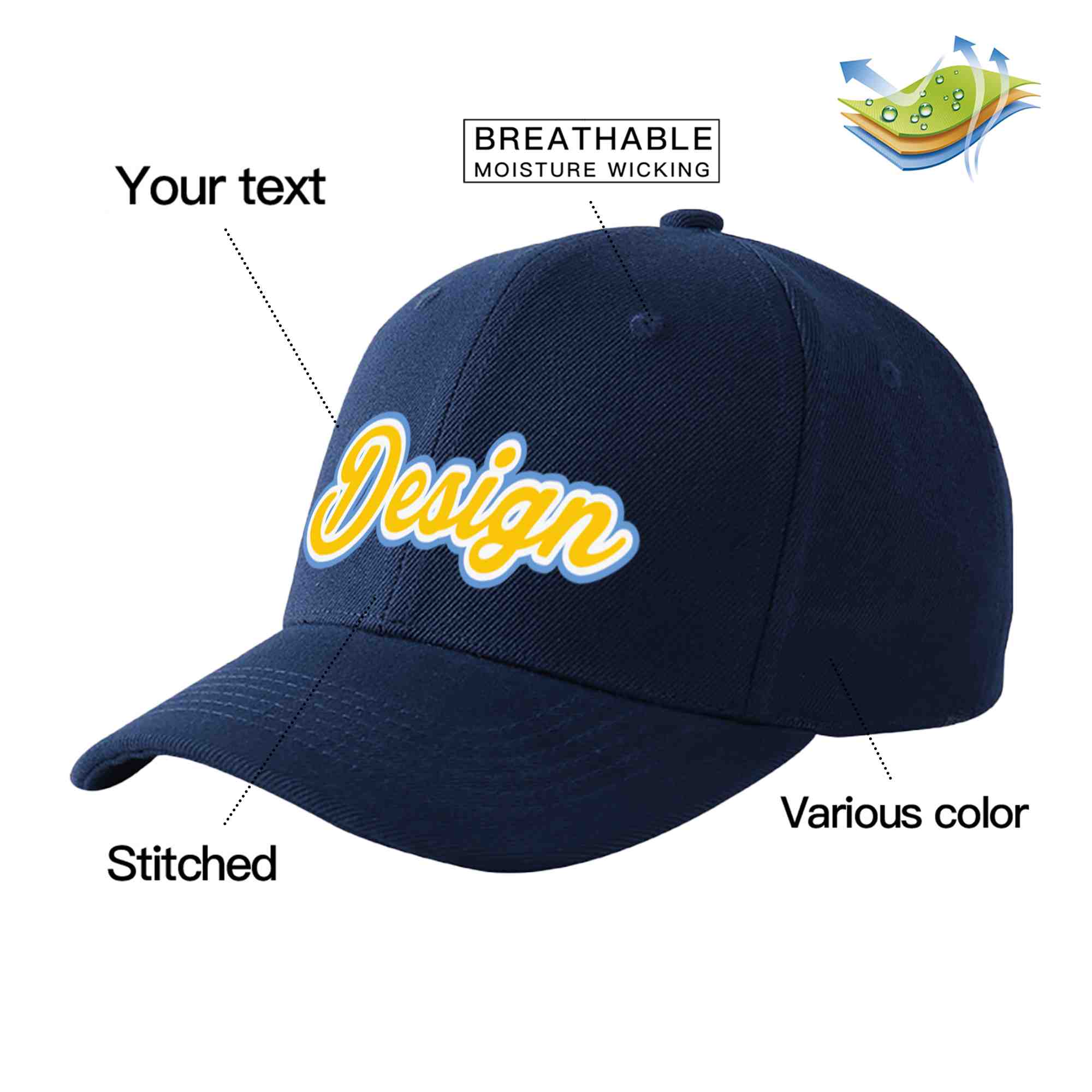 Casquette de baseball personnalisée bleu marine or-blanc incurvée Eaves Sport Design