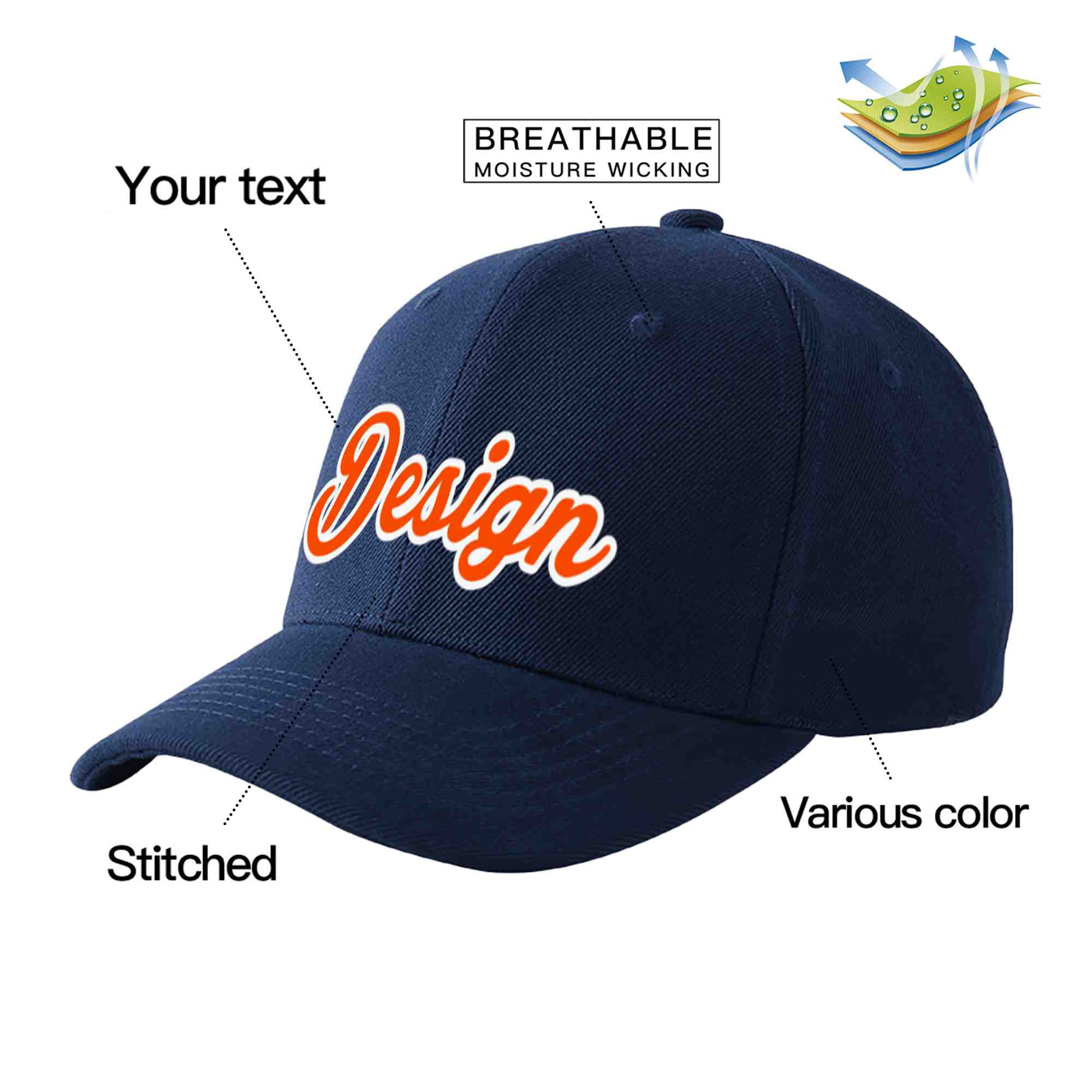 Casquette de baseball personnalisée bleu marine orange-blanc incurvée Eaves Sport Design