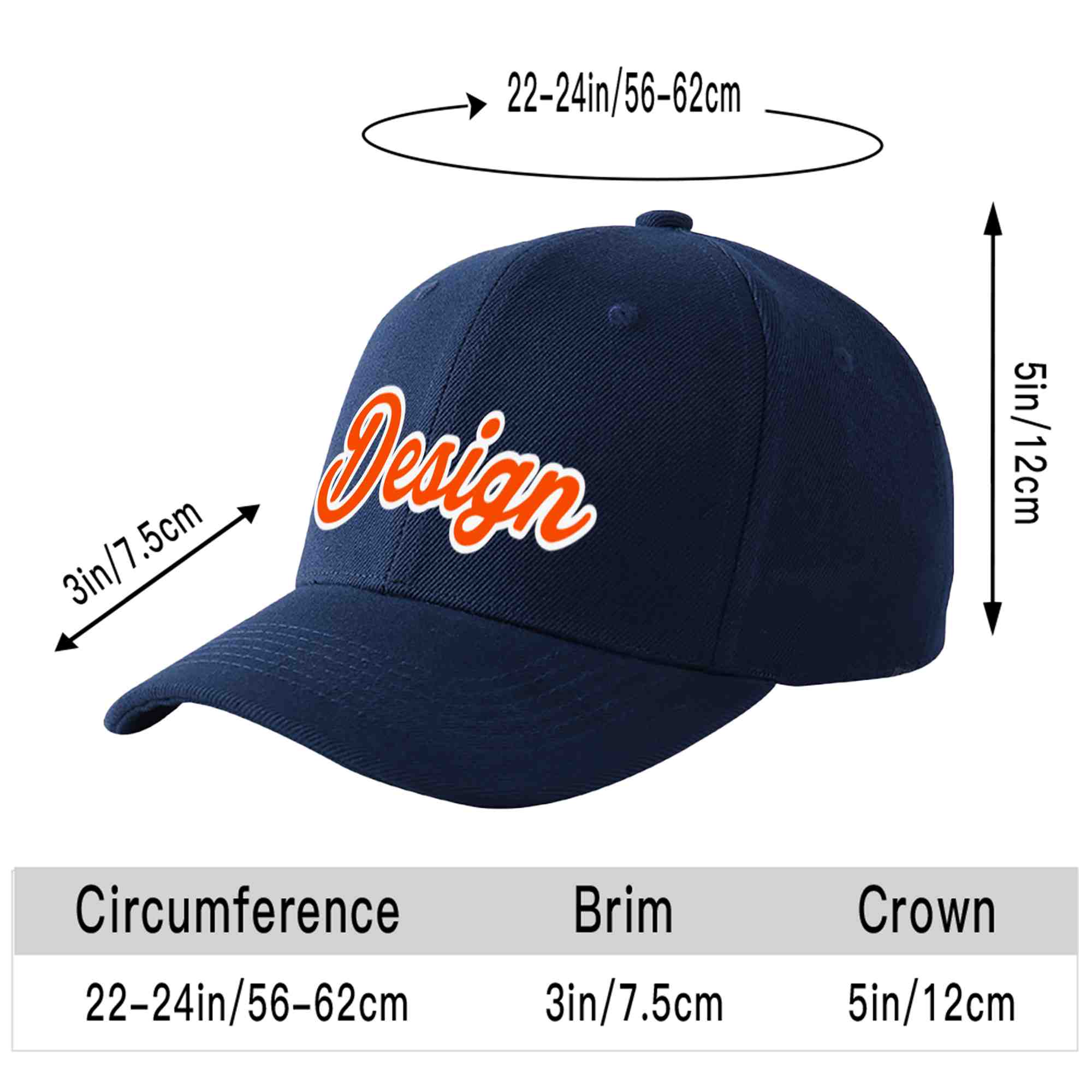 Casquette de baseball personnalisée bleu marine orange-blanc incurvée Eaves Sport Design