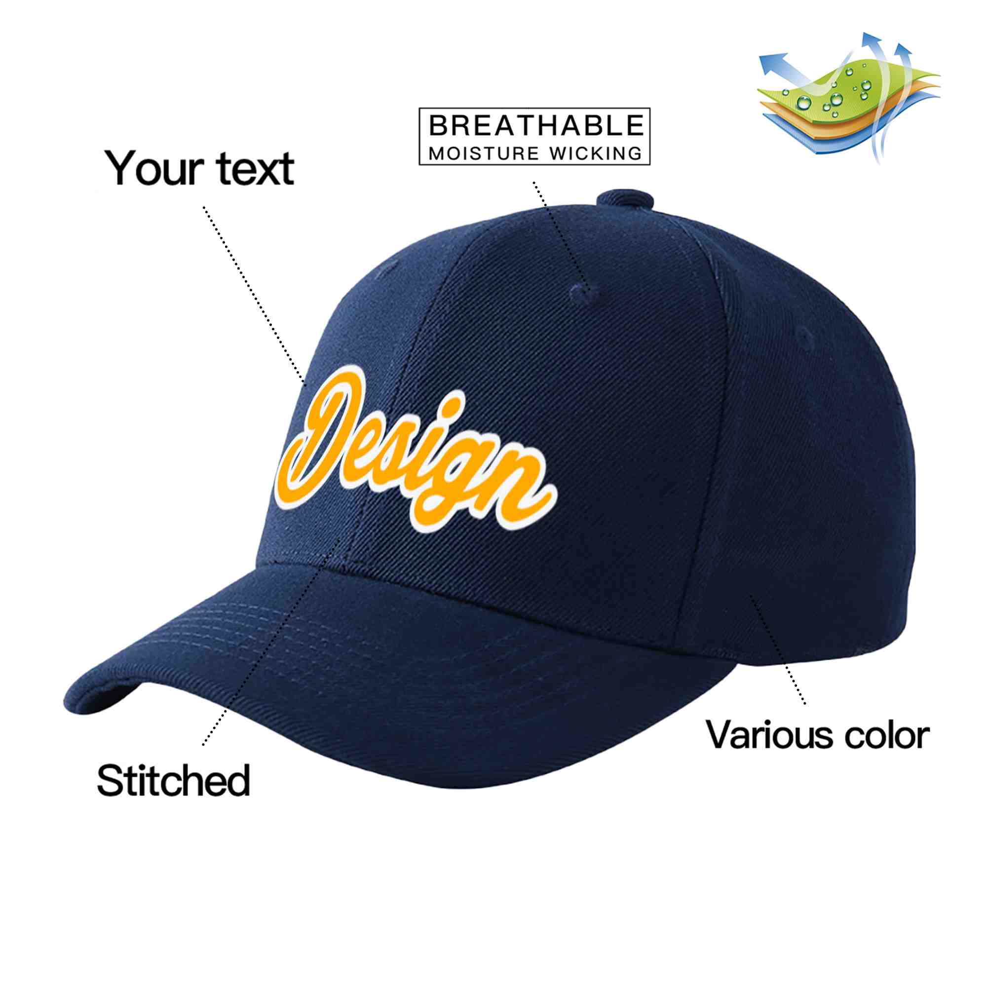 Custom Navy Yellow-White Curved Eaves Sport Design Baseball Cap