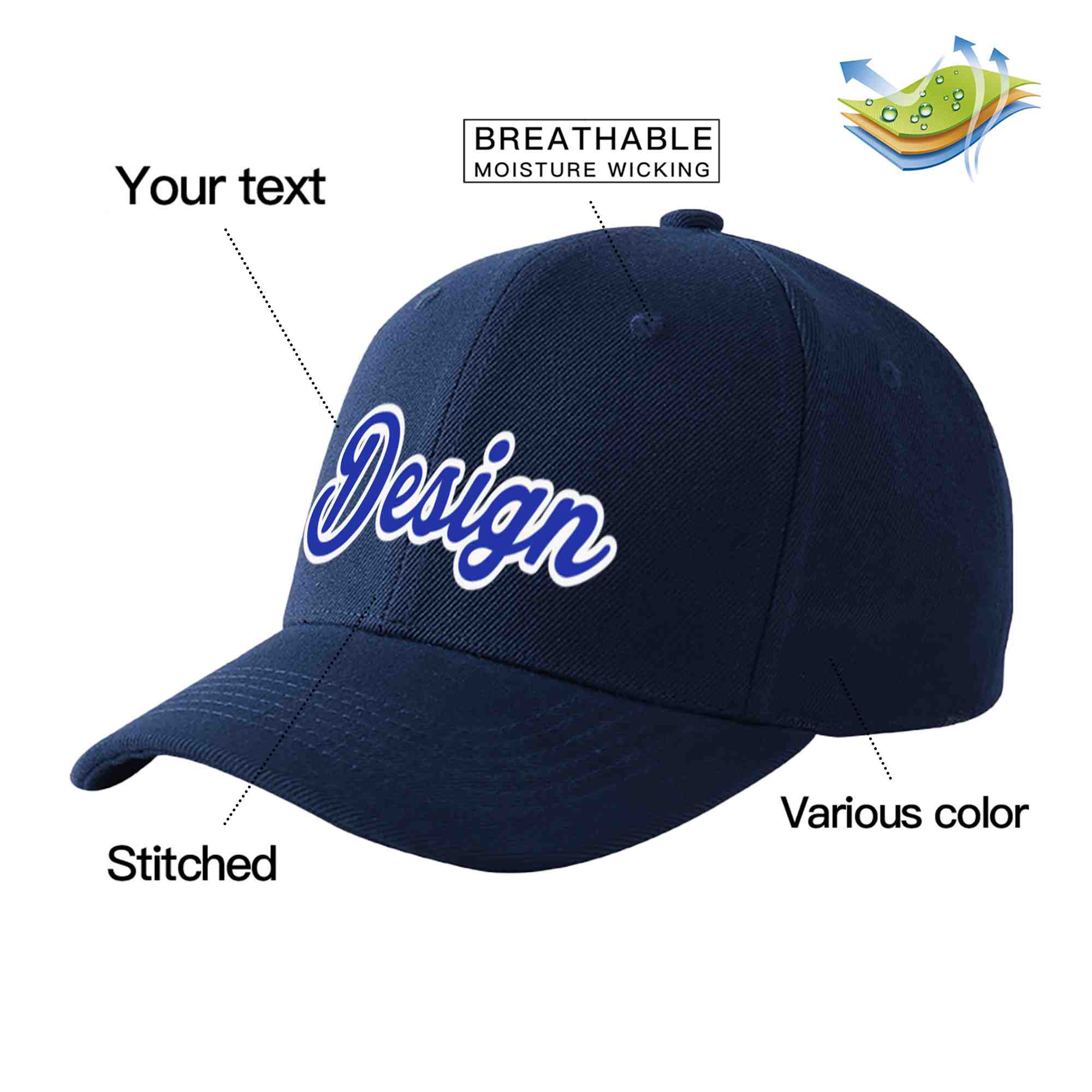 Casquette de baseball personnalisée bleu marine Royal-White Curved Eaves Sport Design