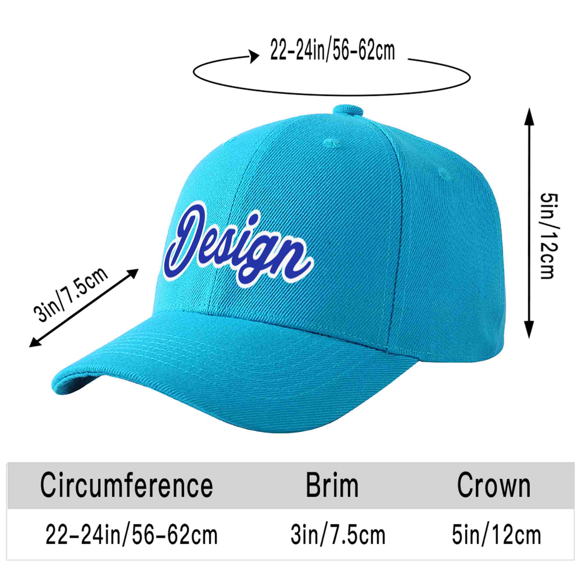 Custom Aqua Royal-White Curved Eaves Sport Design Baseball Cap