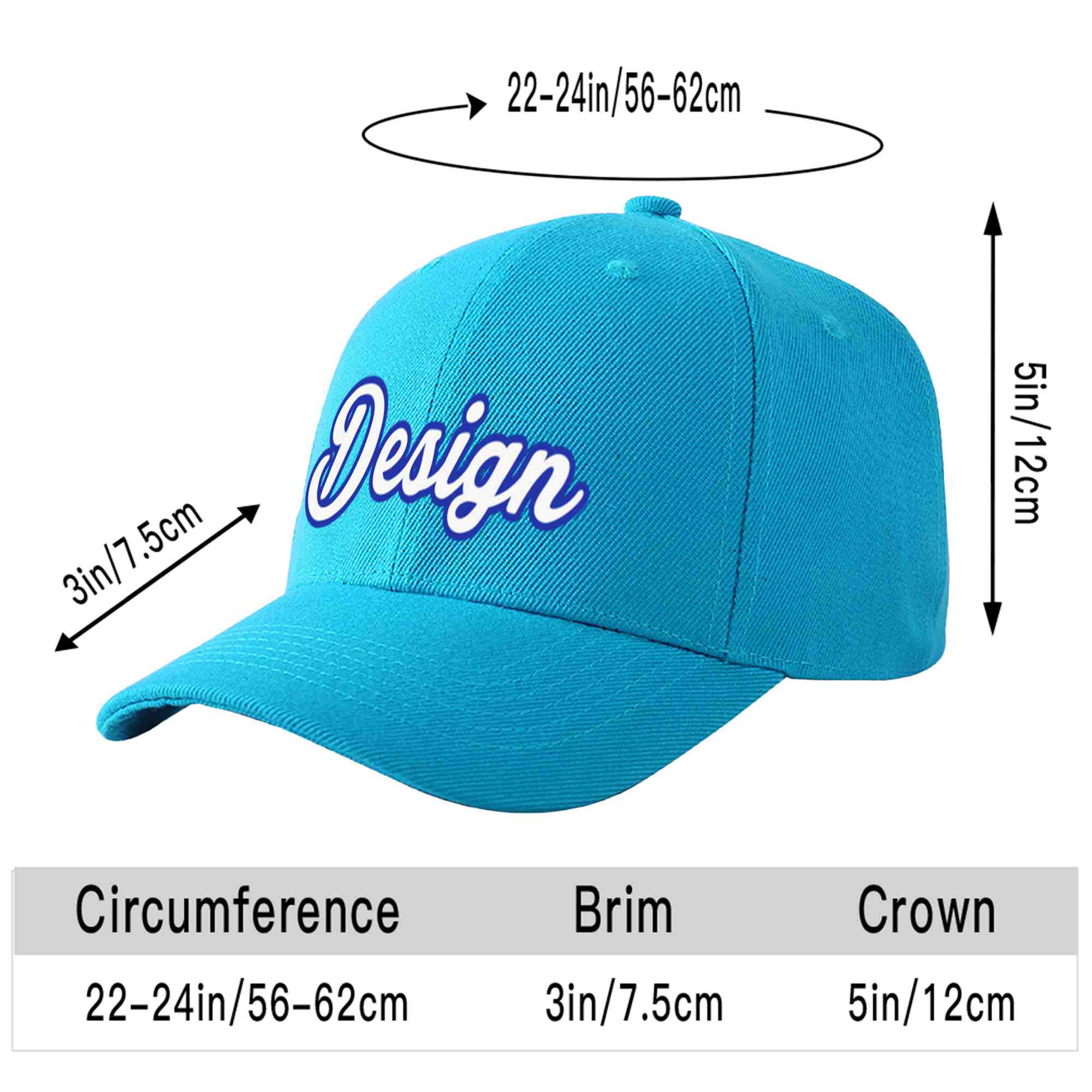 Custom Aqua White-Royal Curved Eaves Sport Design Baseball Cap