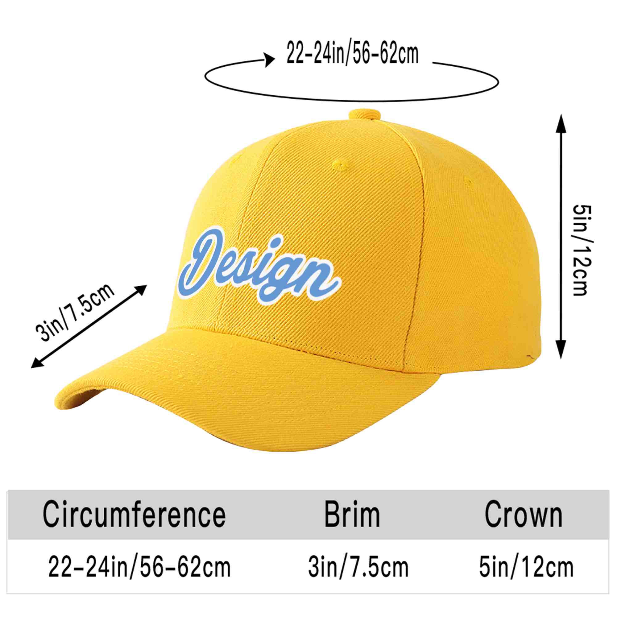 Custom Gold Light Blue-White Curved Eaves Sport Design Baseball Cap