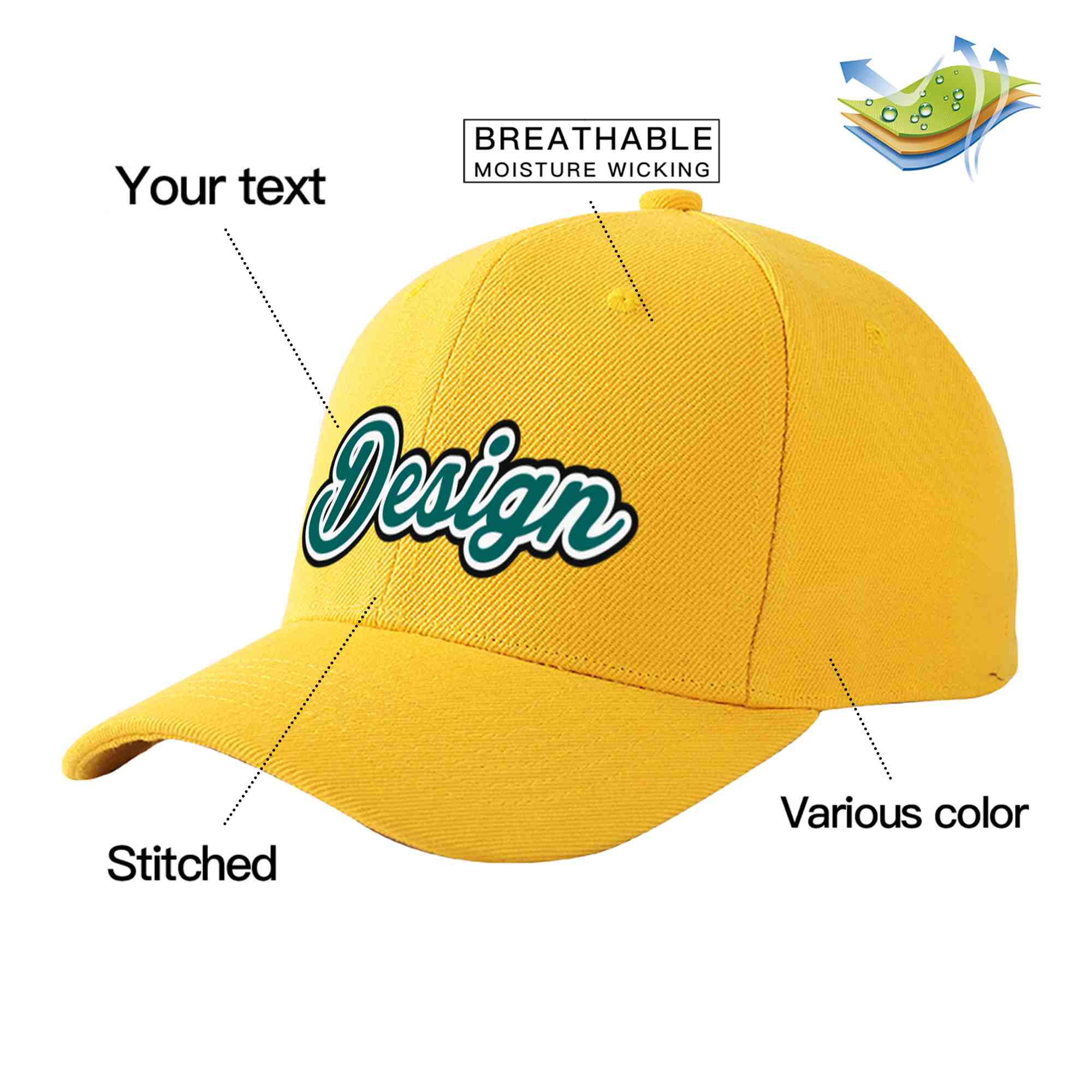 Custom Gold Aqua-White Curved Eaves Sport Design Baseball Cap