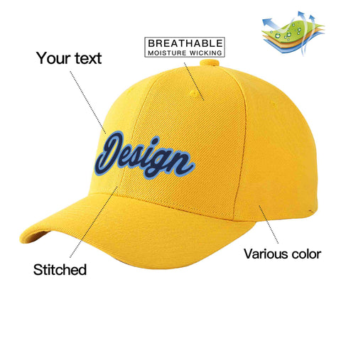 Custom Gold Navy-Light Blue Curved Eaves Sport Design Baseball Cap
