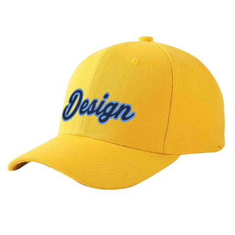 Custom Gold Navy-Light Blue Curved Eaves Sport Design Baseball Cap