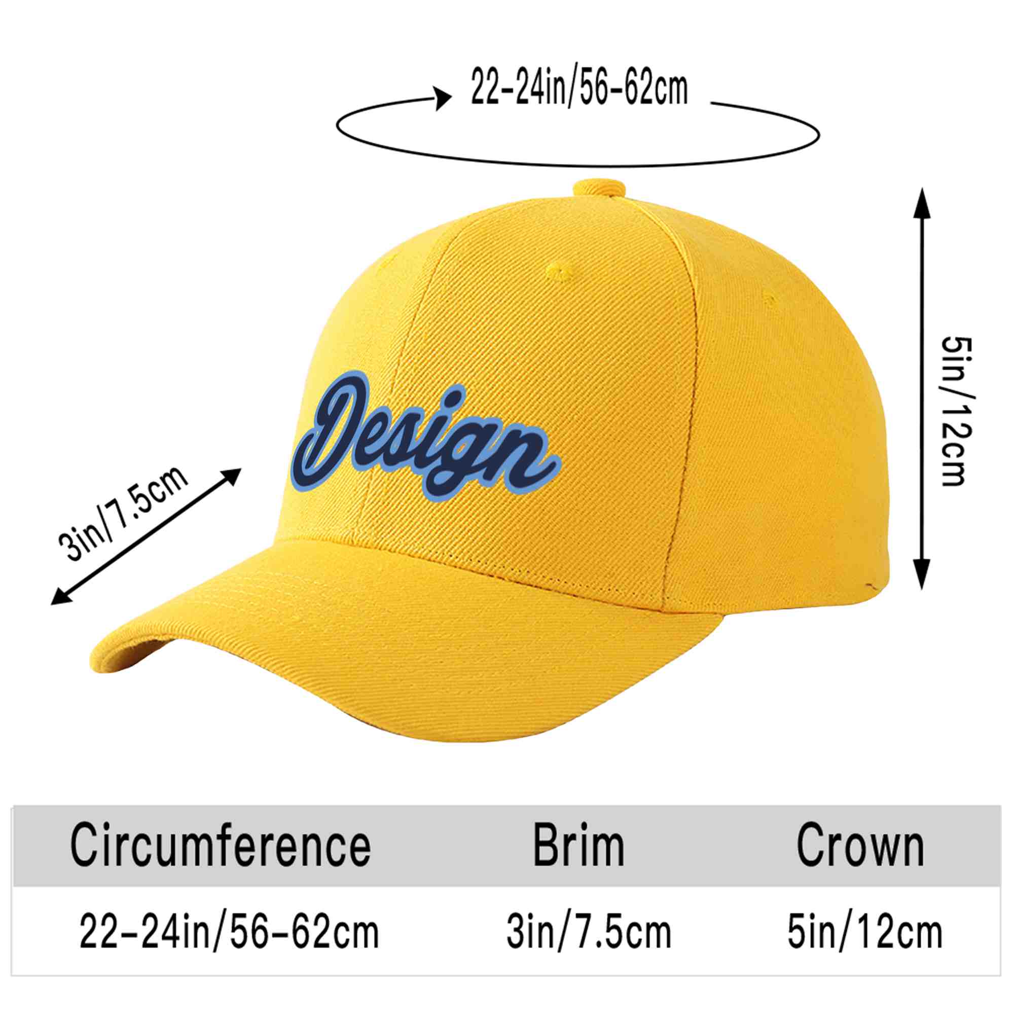 Custom Gold Navy-Light Blue Curved Eaves Sport Design Baseball Cap