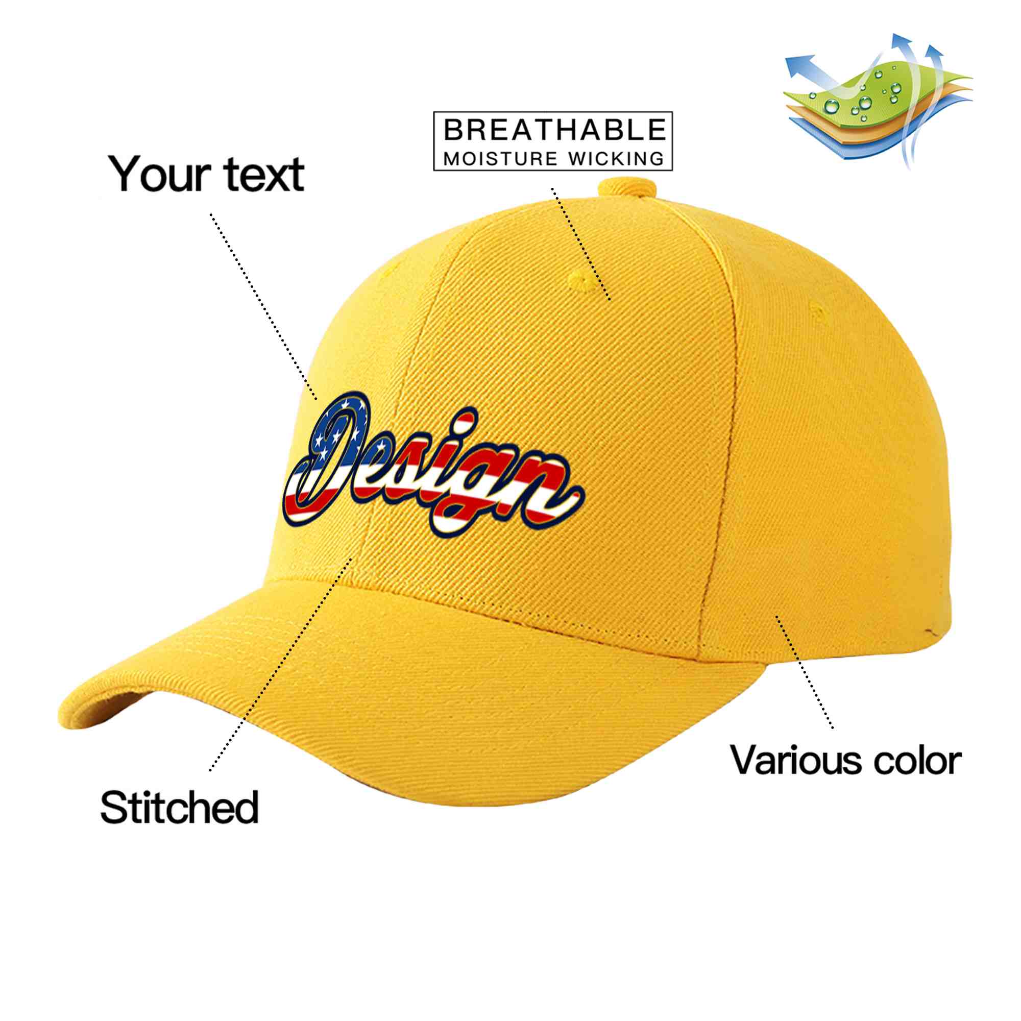 Custom Gold Vintage USA Flag-Gold Curved Eaves Sport Design Baseball Cap