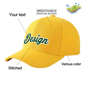 Custom Gold Green-White Curved Eaves Sport Design Baseball Cap