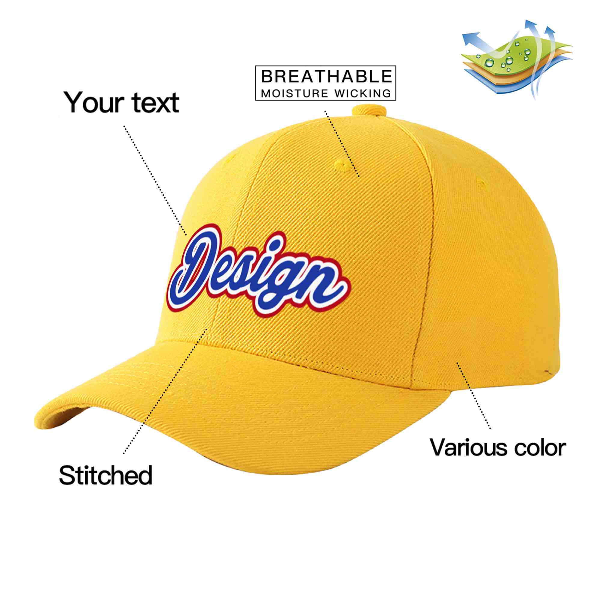 Casquette de baseball personnalisée en or Royal-White Curved Eaves Sport Design