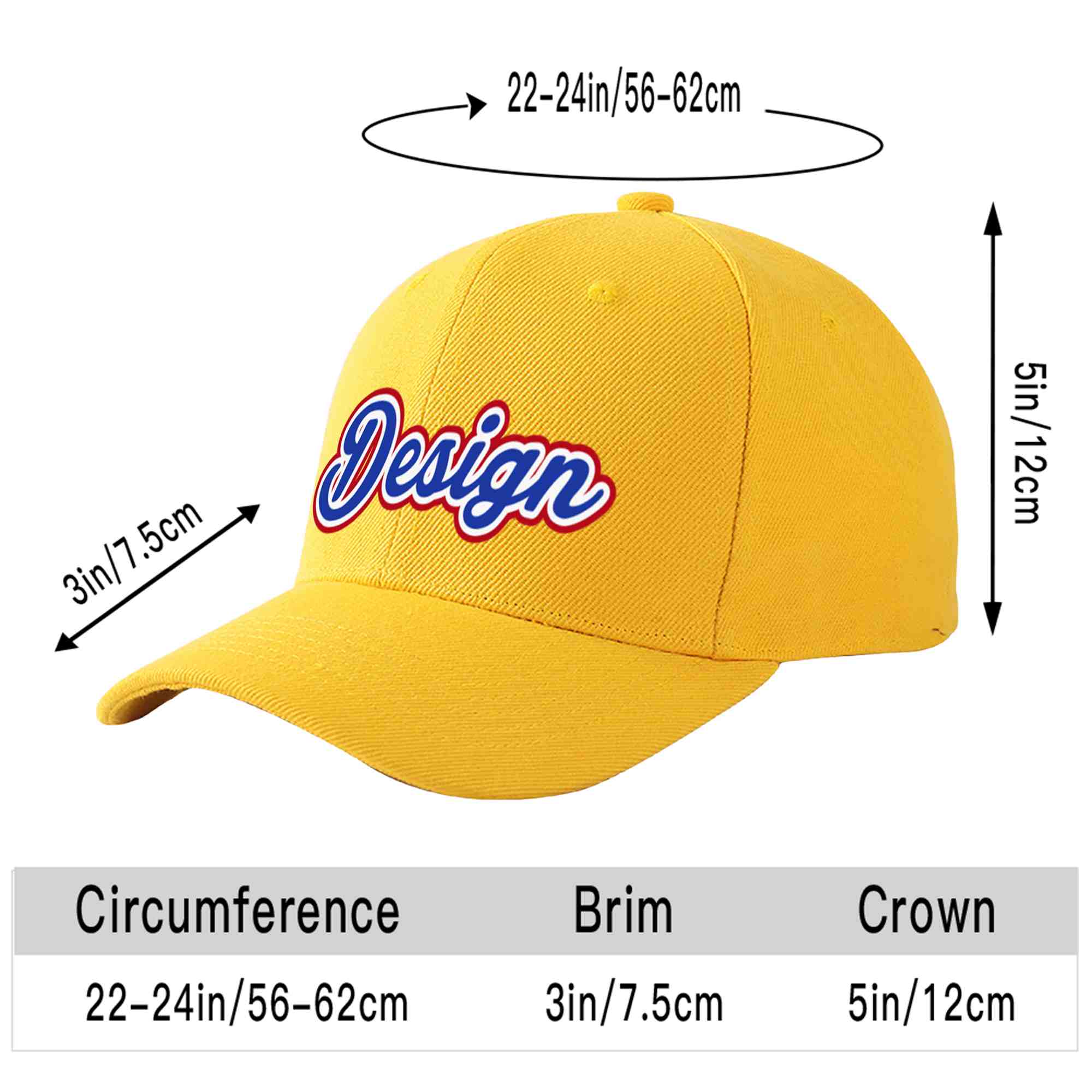 Custom Gold Royal-White Curved Eaves Sport Design Baseball Cap