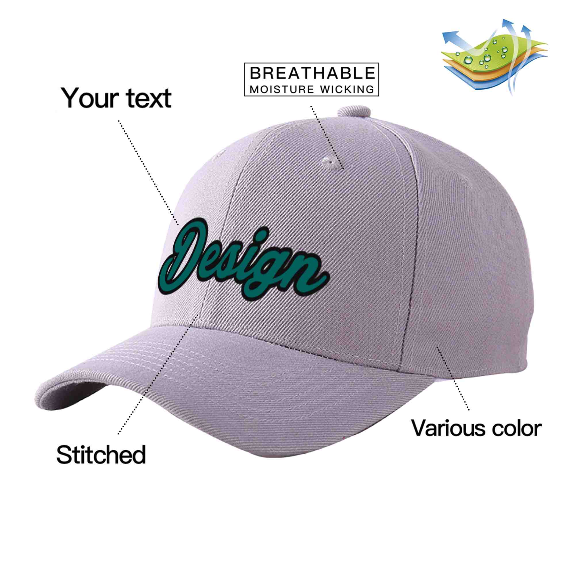 Custom Gray Aqua-Black Curved Eaves Sport Design Baseball Cap