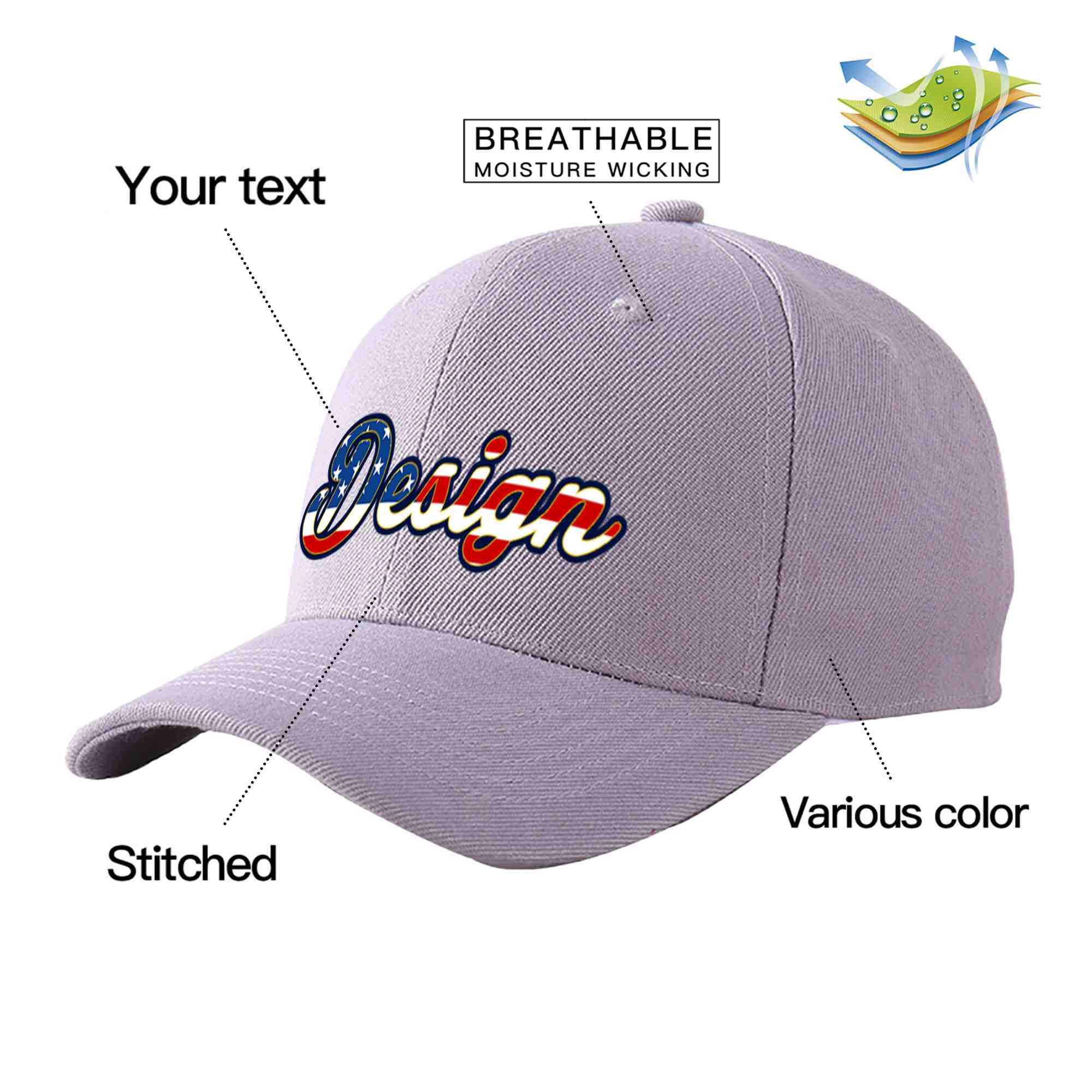 Custom Gray Vintage USA Flag-Gold Curved Eaves Sport Design Baseball Cap