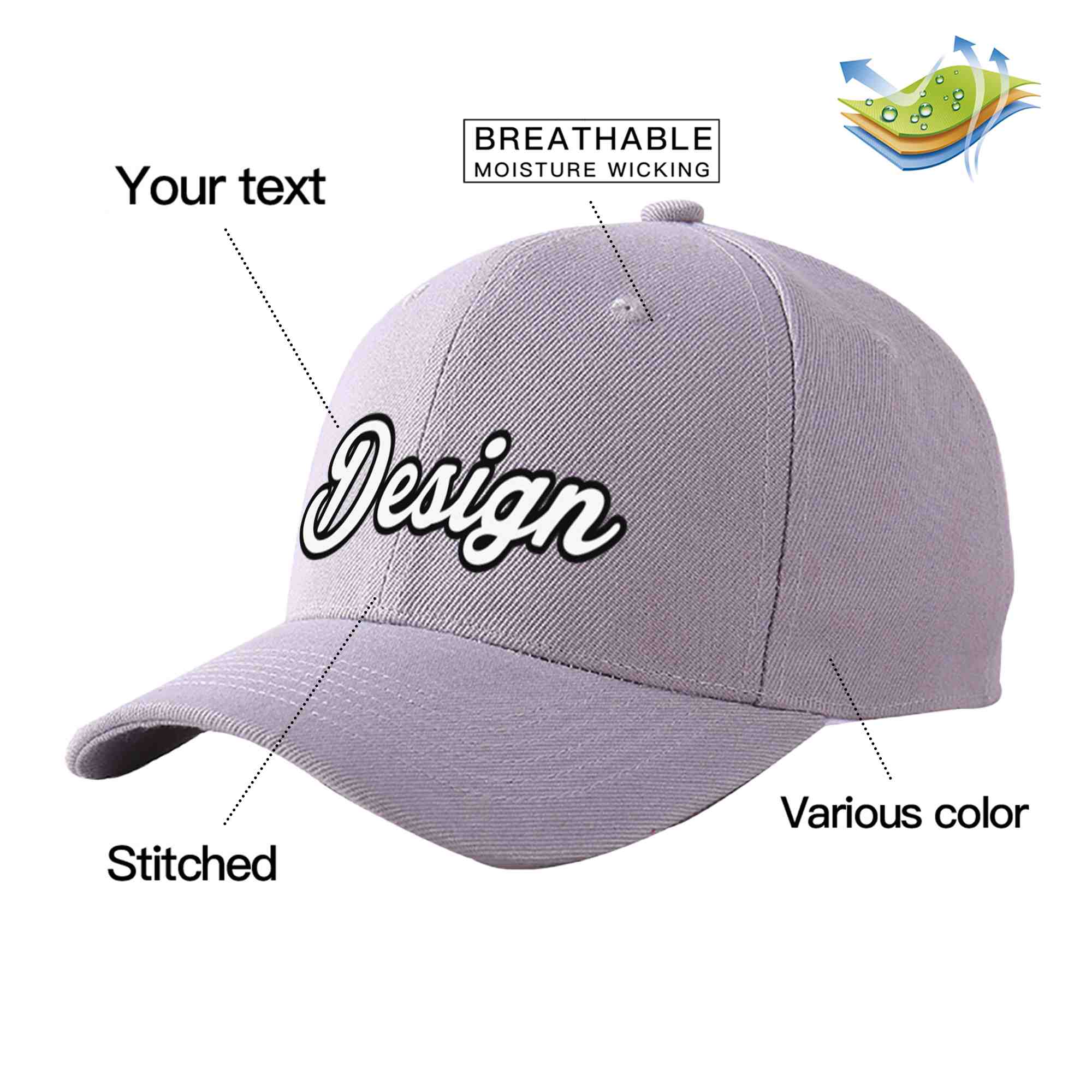 Custom Gray White-Black Curved Eaves Sport Design Baseball Cap