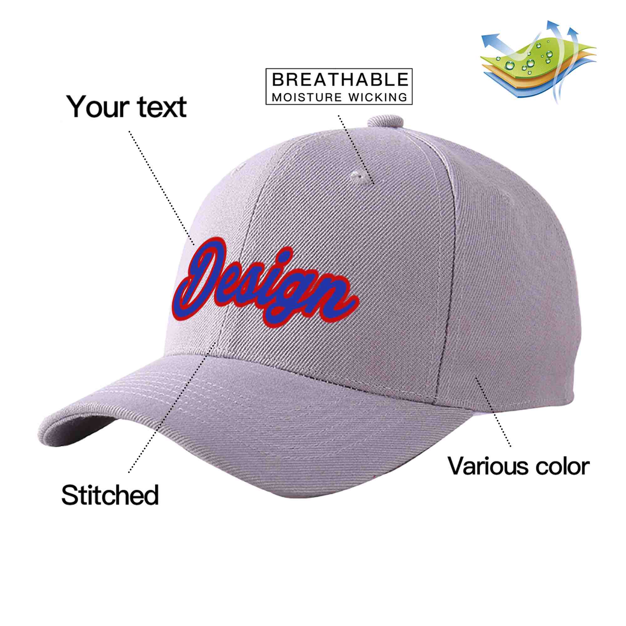 Custom Gray Royal-Red Curved Eaves Sport Design Baseball Cap