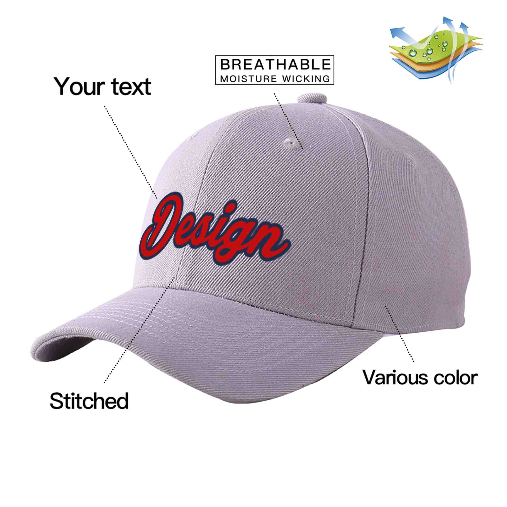 Custom Gray Red-Navy Curved Eaves Sport Design Baseball Cap