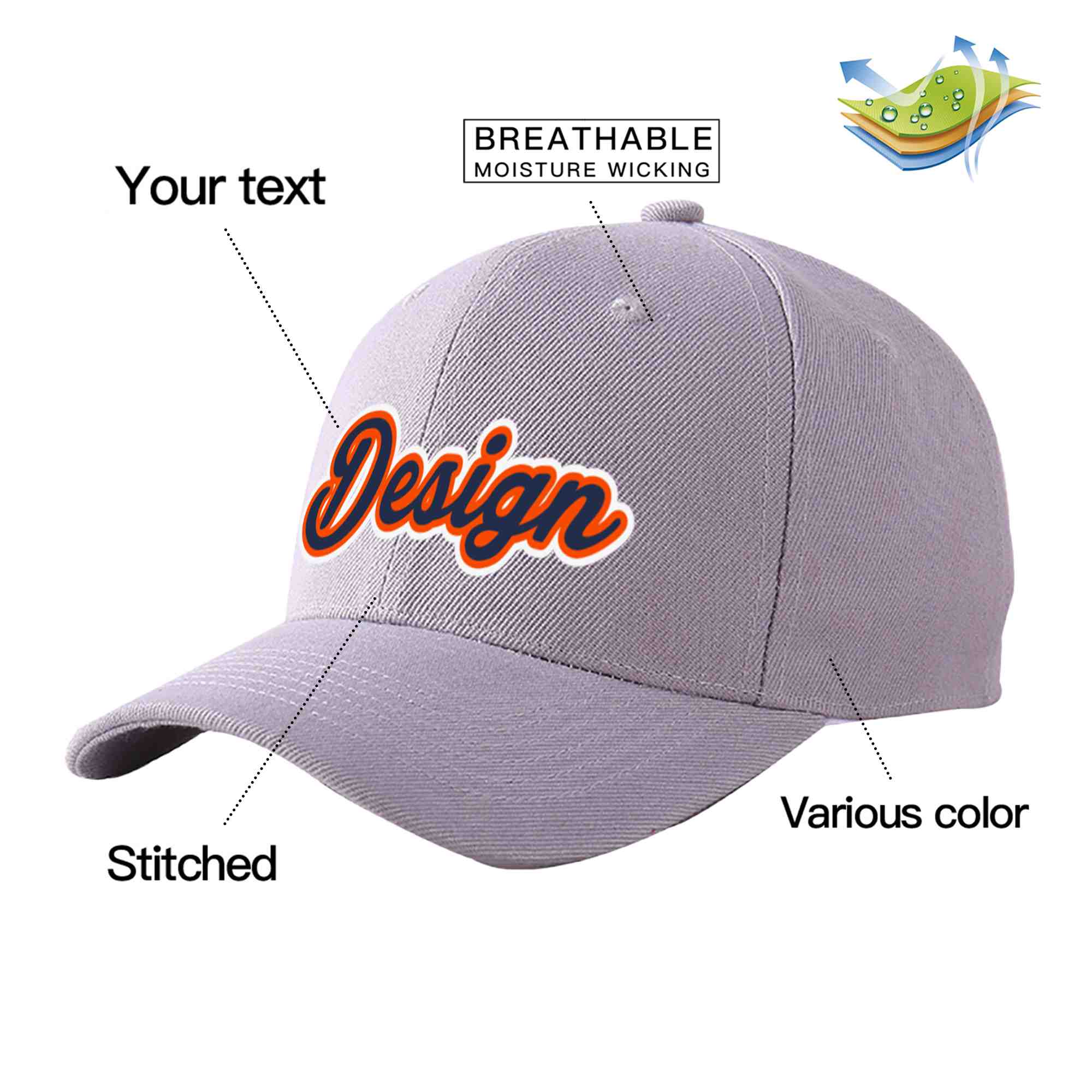 Custom Gray Navy-Orange Curved Eaves Sport Design Baseball Cap