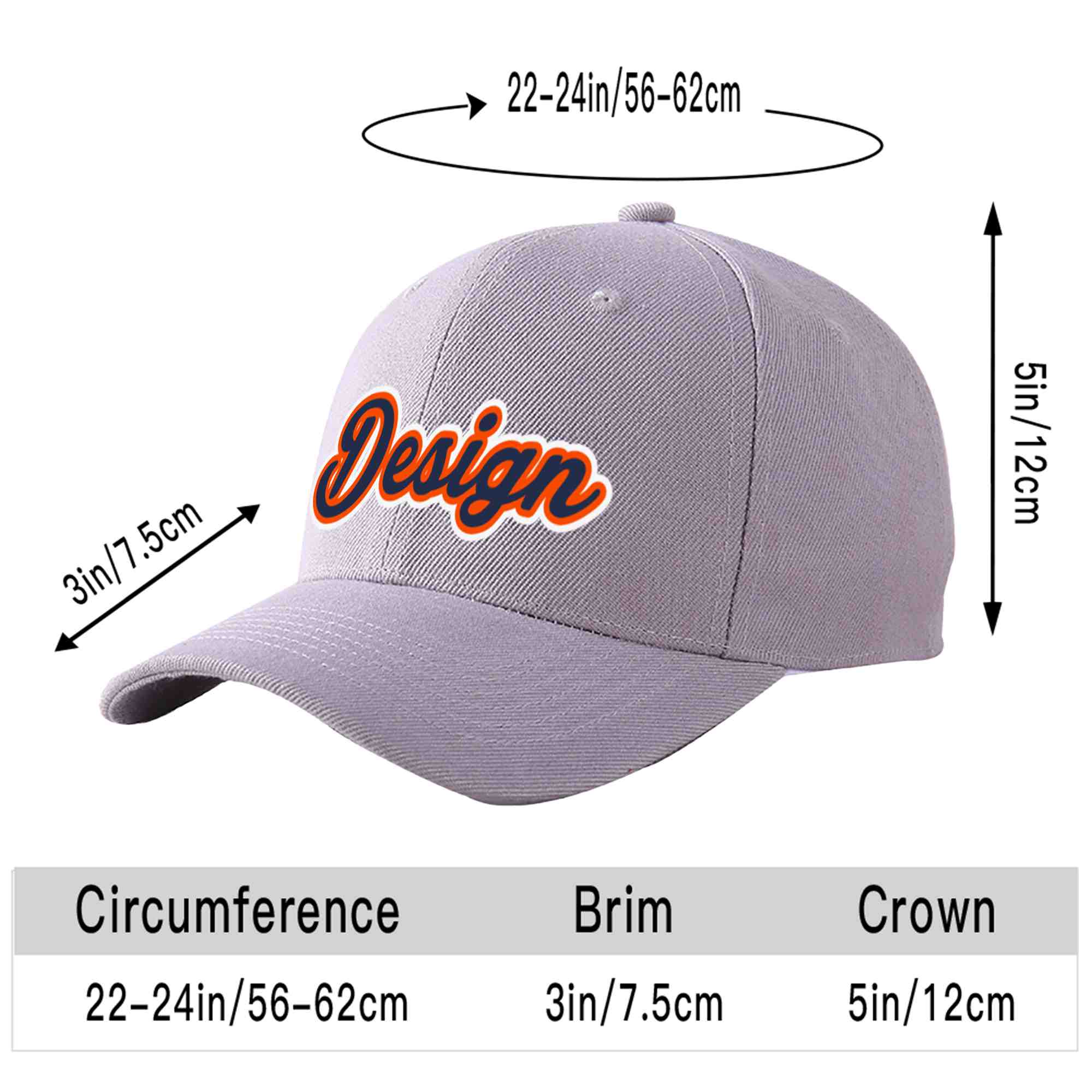 Custom Gray Navy-Orange Curved Eaves Sport Design Baseball Cap