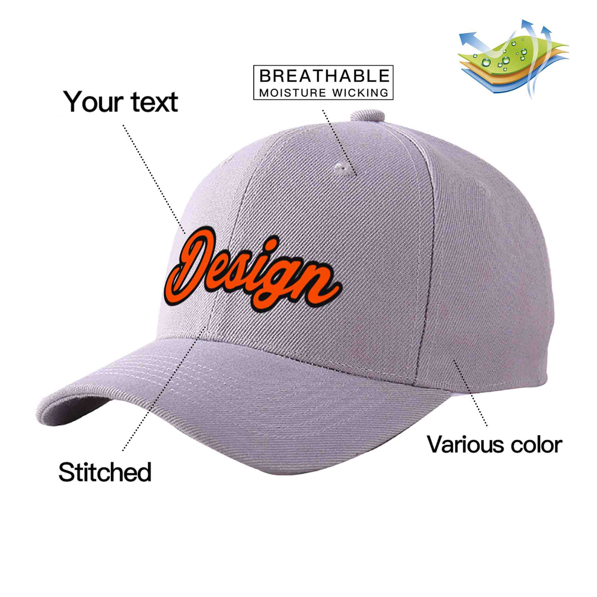 Custom Gray Orange-Black Curved Eaves Sport Design Baseball Cap