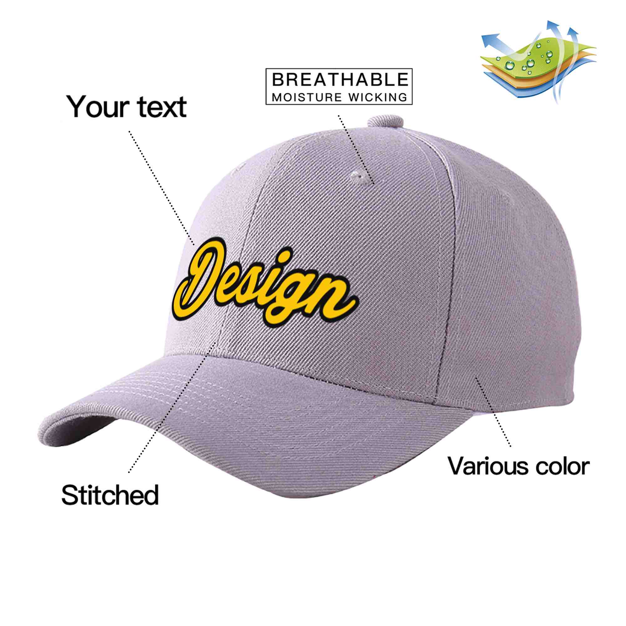 Custom Gray Gold-Black Curved Eaves Sport Design Baseball Cap