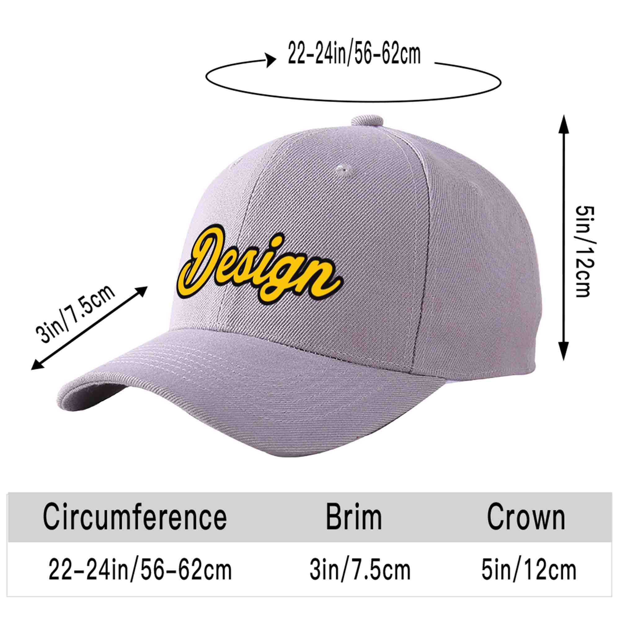 Custom Gray Gold-Black Curved Eaves Sport Design Baseball Cap