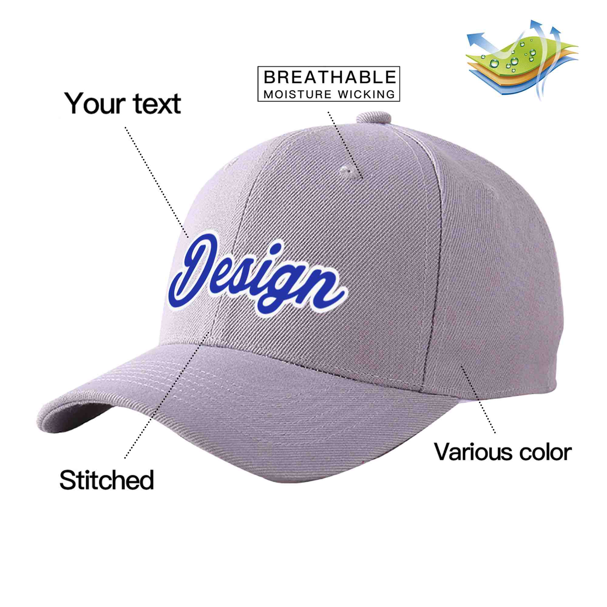 Custom Gray Royal-White Curved Eaves Sport Design Baseball Cap