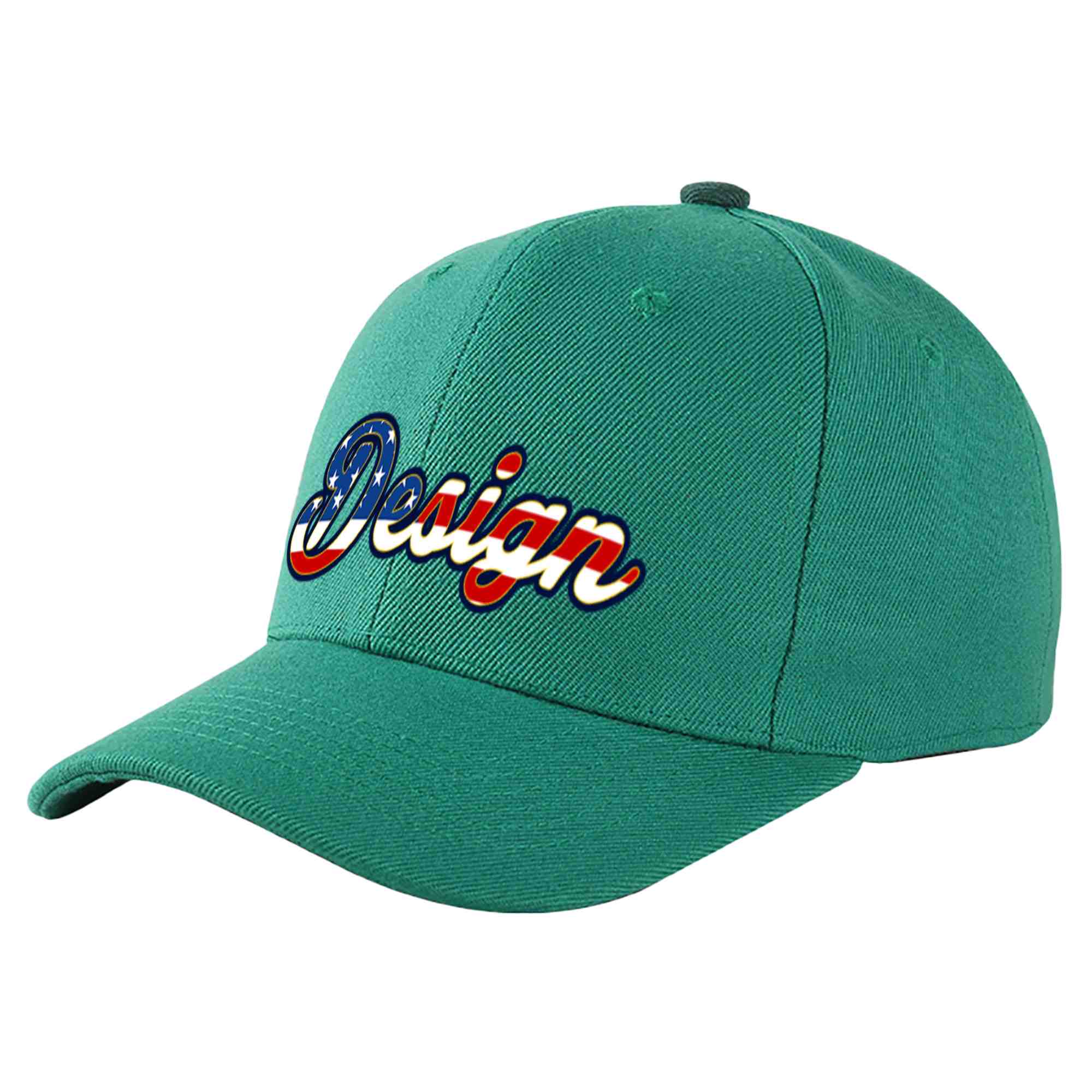 Casquette de baseball personnalisée vert clair, drapeau américain Vintage, avec avant-toit incurvé et or, Design sportif