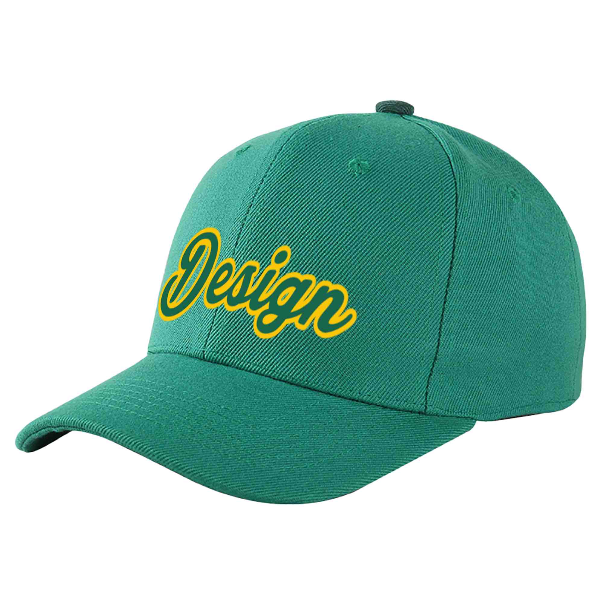 Custom Light Green Kelly Green-Gold Curved Eaves Sport Design Baseball Cap