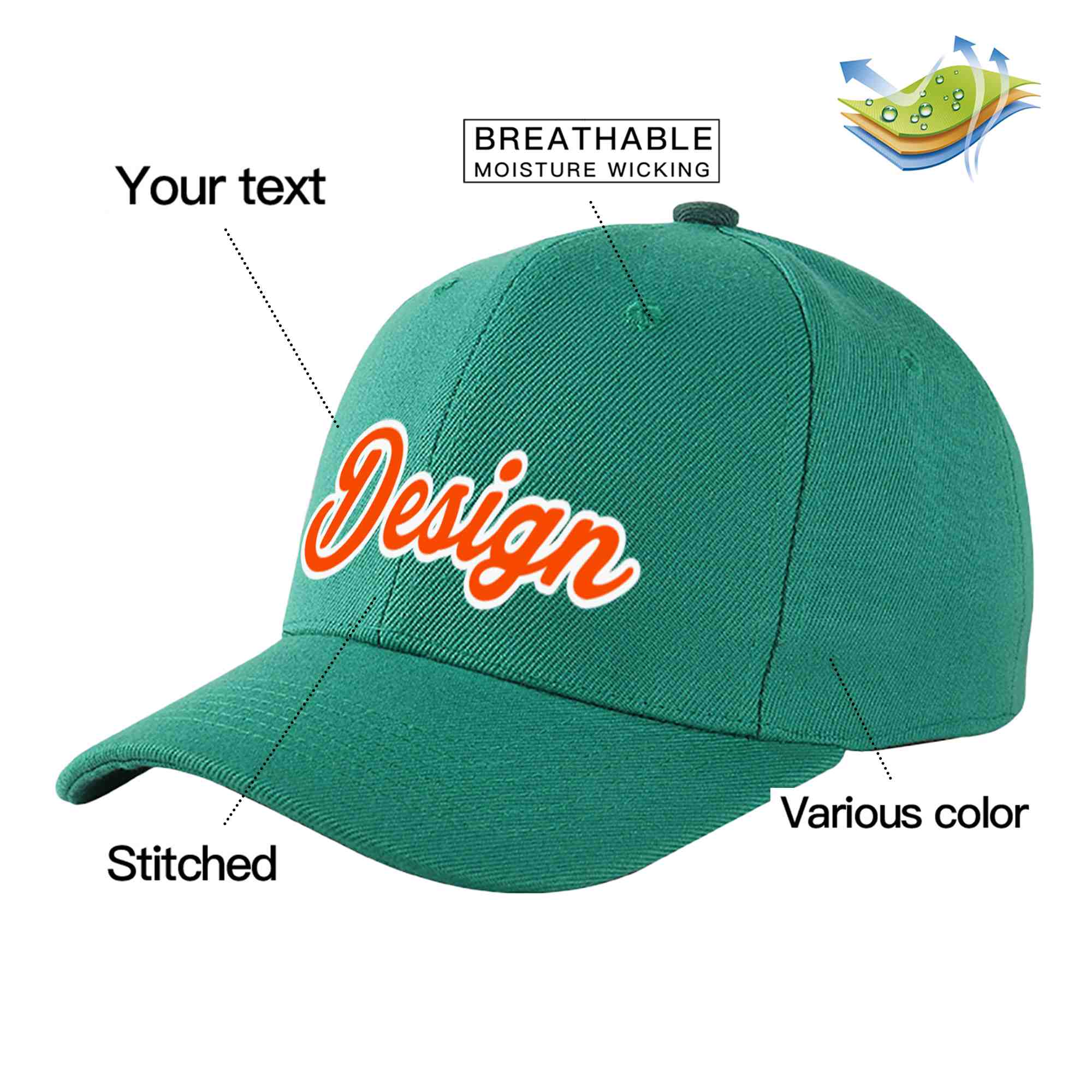 Casquette de baseball incurvée personnalisée vert clair orange-blanc avec avant-toit