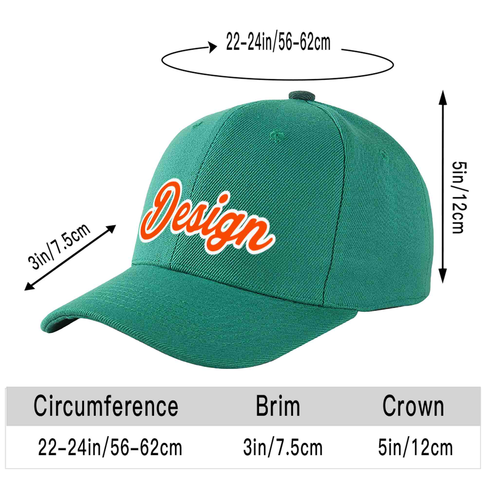 Casquette de baseball incurvée personnalisée vert clair orange-blanc avec avant-toit