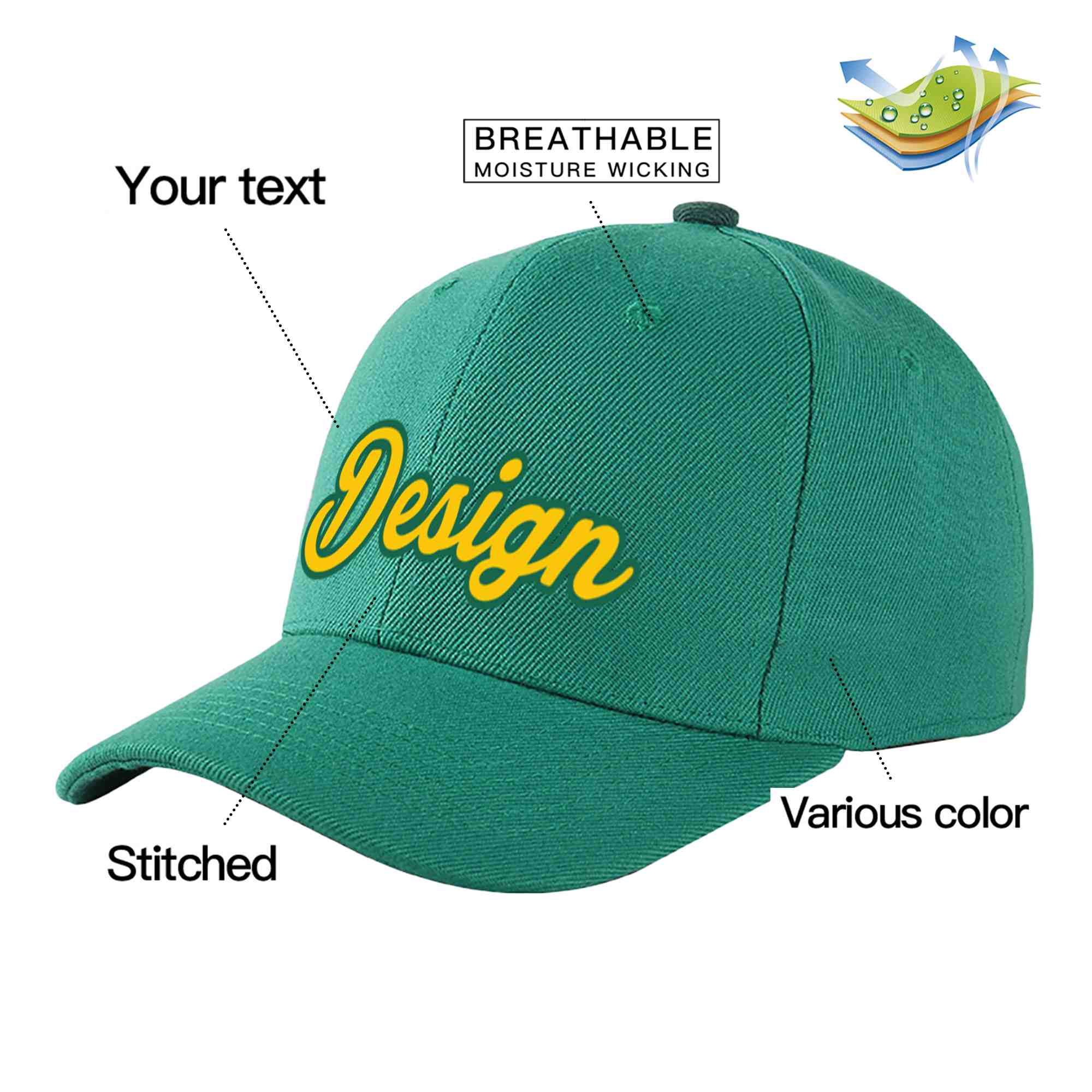 Custom Light Green Gold-Kelly Green Curved Eaves Sport Design Baseball Cap