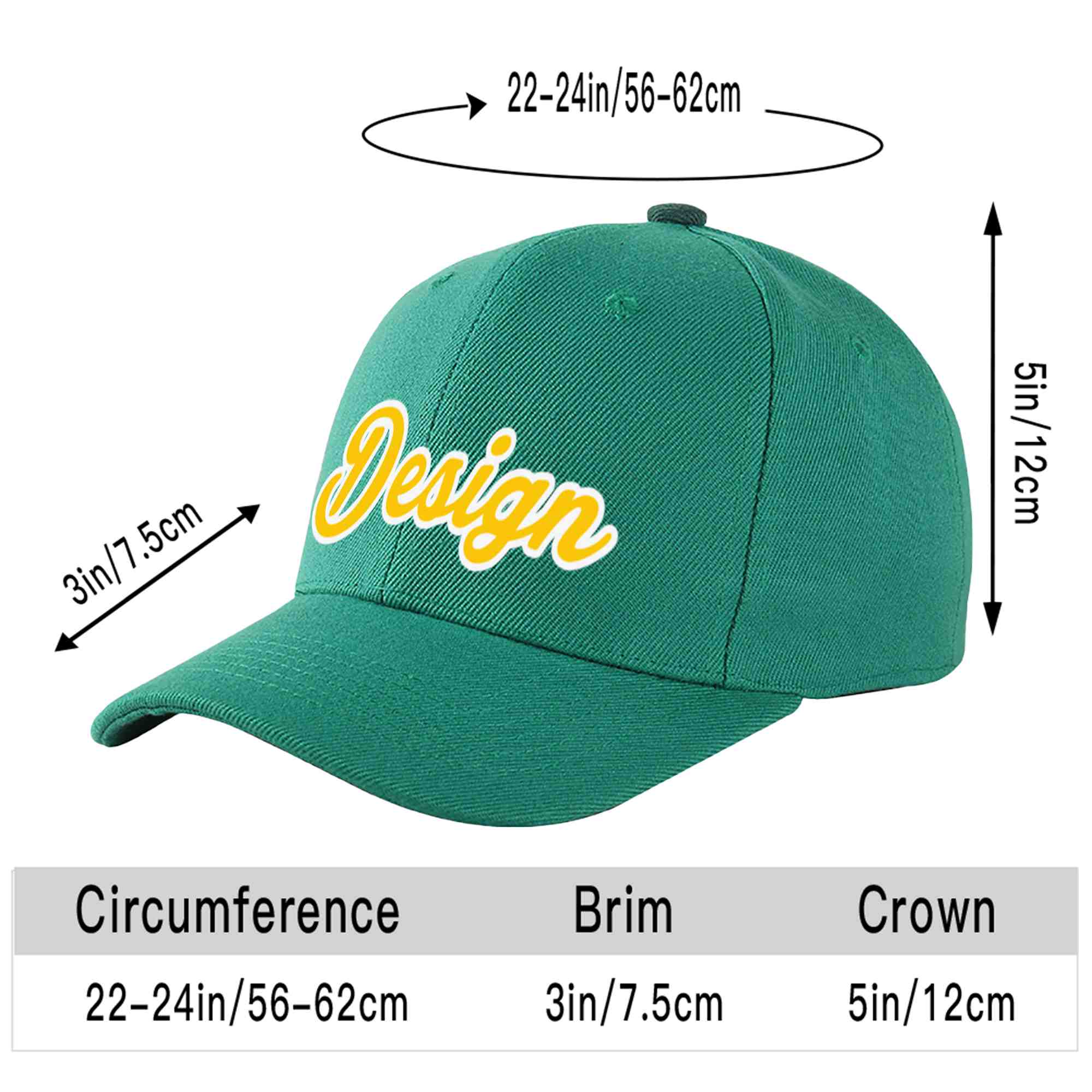 Custom Light Green Gold-White Curved Eaves Sport Design Baseball Cap