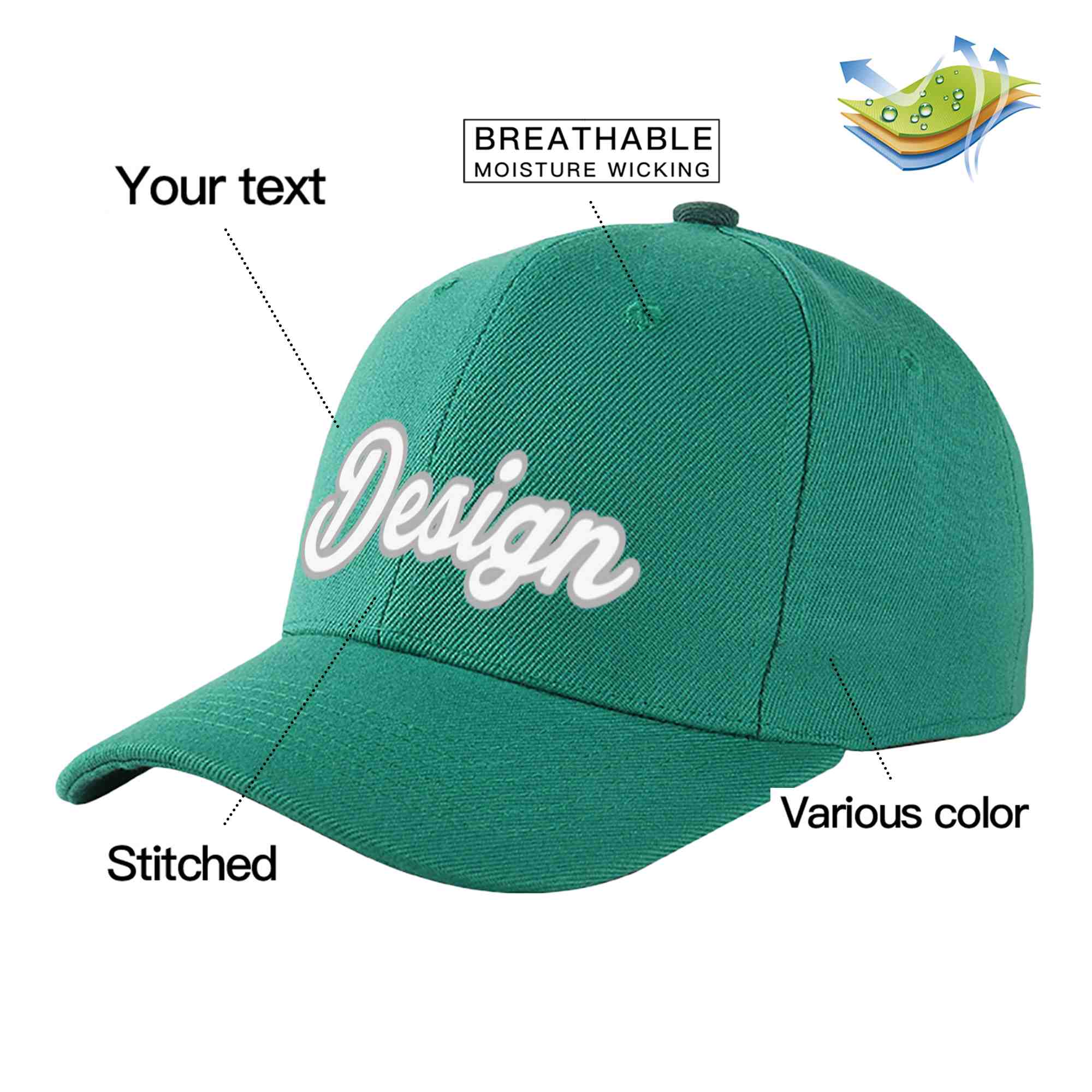 Custom Light Green White-Gray Curved Eaves Sport Design Baseball Cap