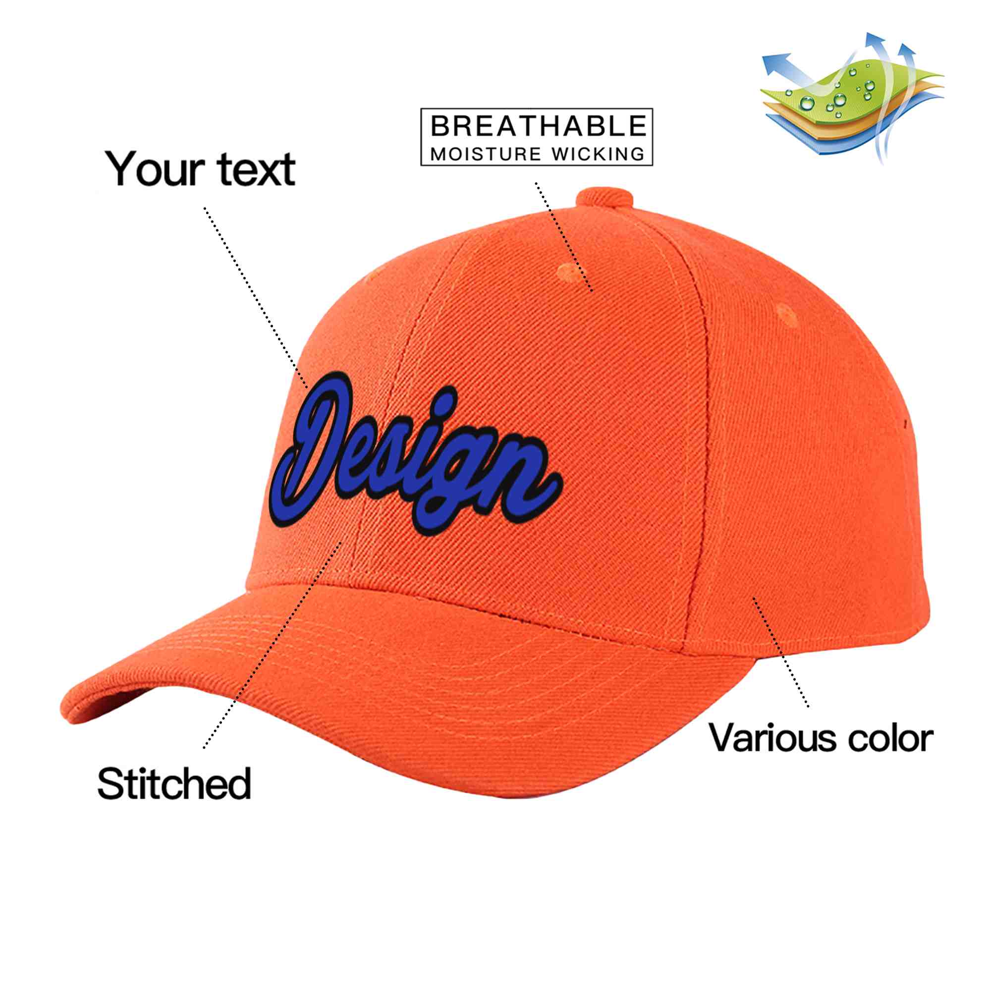 Casquette de baseball personnalisée Tangerine Royal-Black Curved Eaves Sport Design