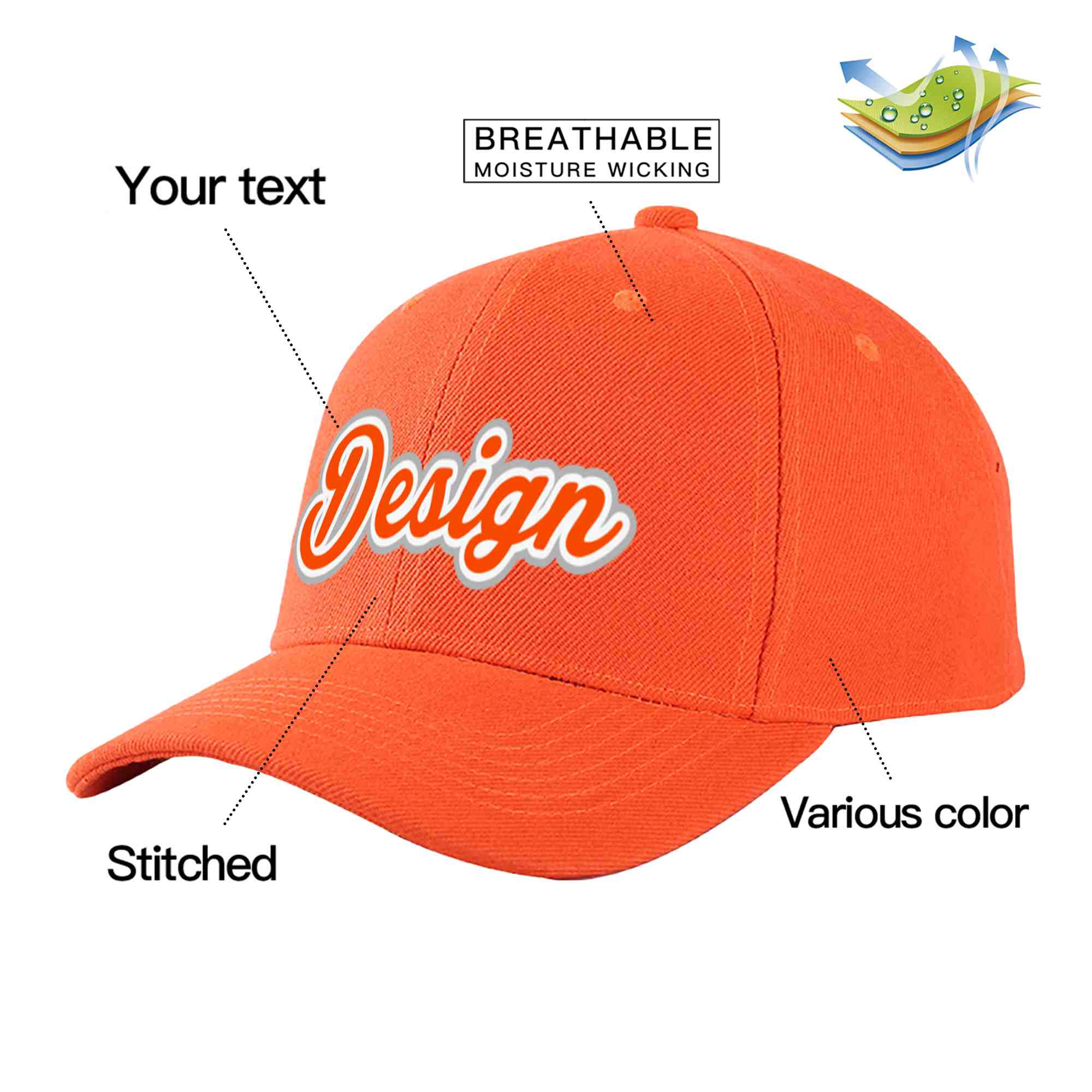 Custom Tangerine Orange-White Curved Eaves Sport Design Baseball Cap