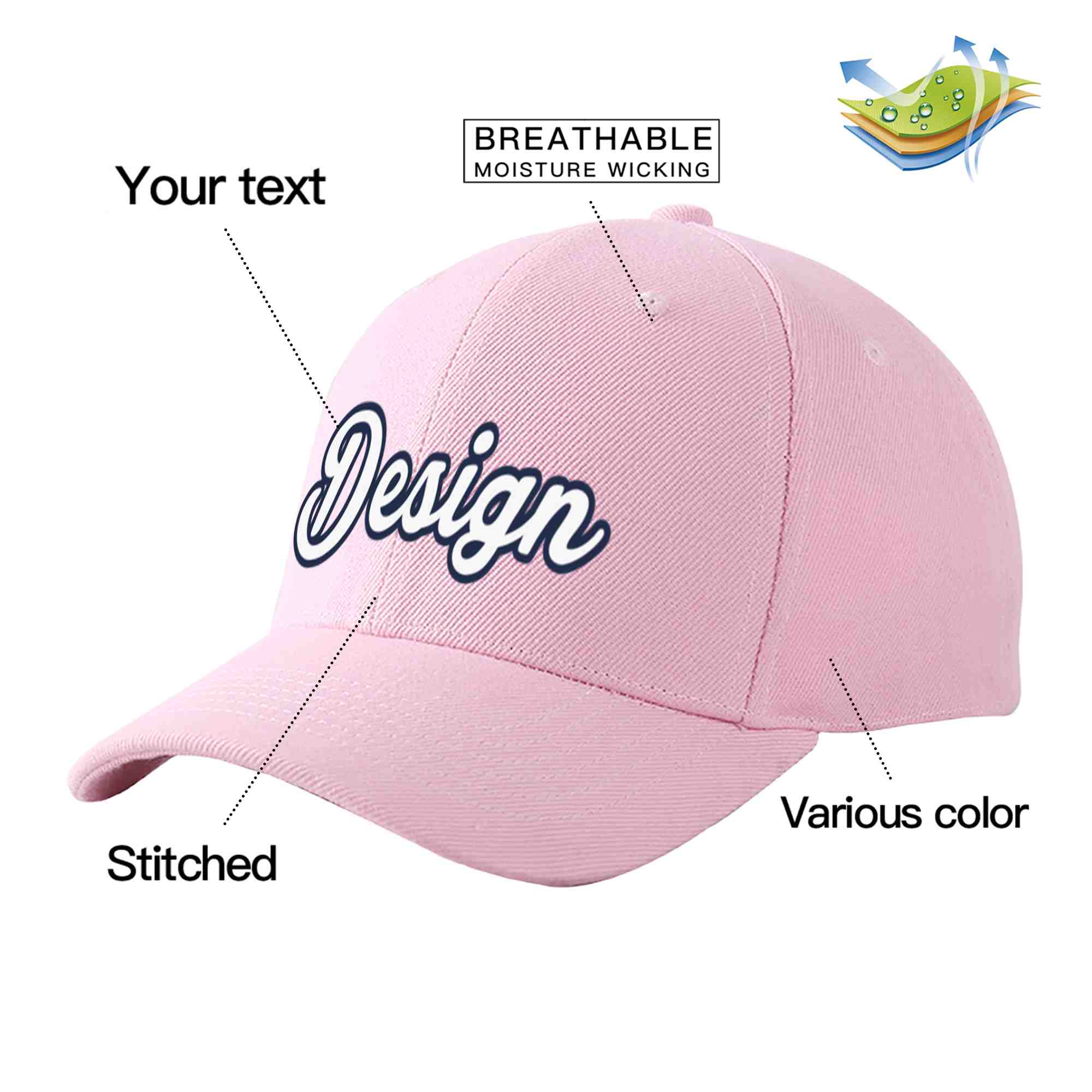 Custom Pink White-Navy Curved Eaves Sport Design Baseball Cap