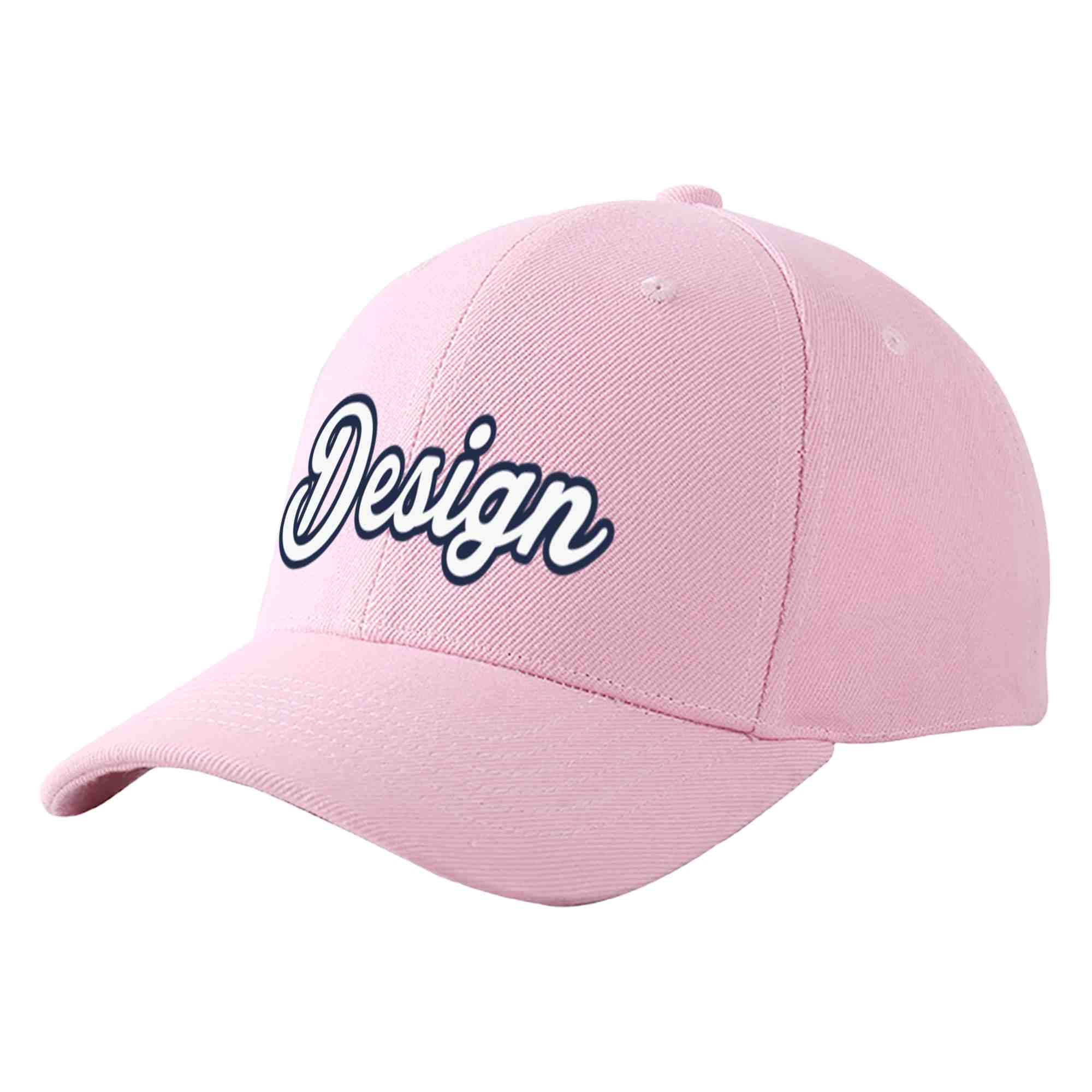 Custom Pink White-Navy Curved Eaves Sport Design Baseball Cap