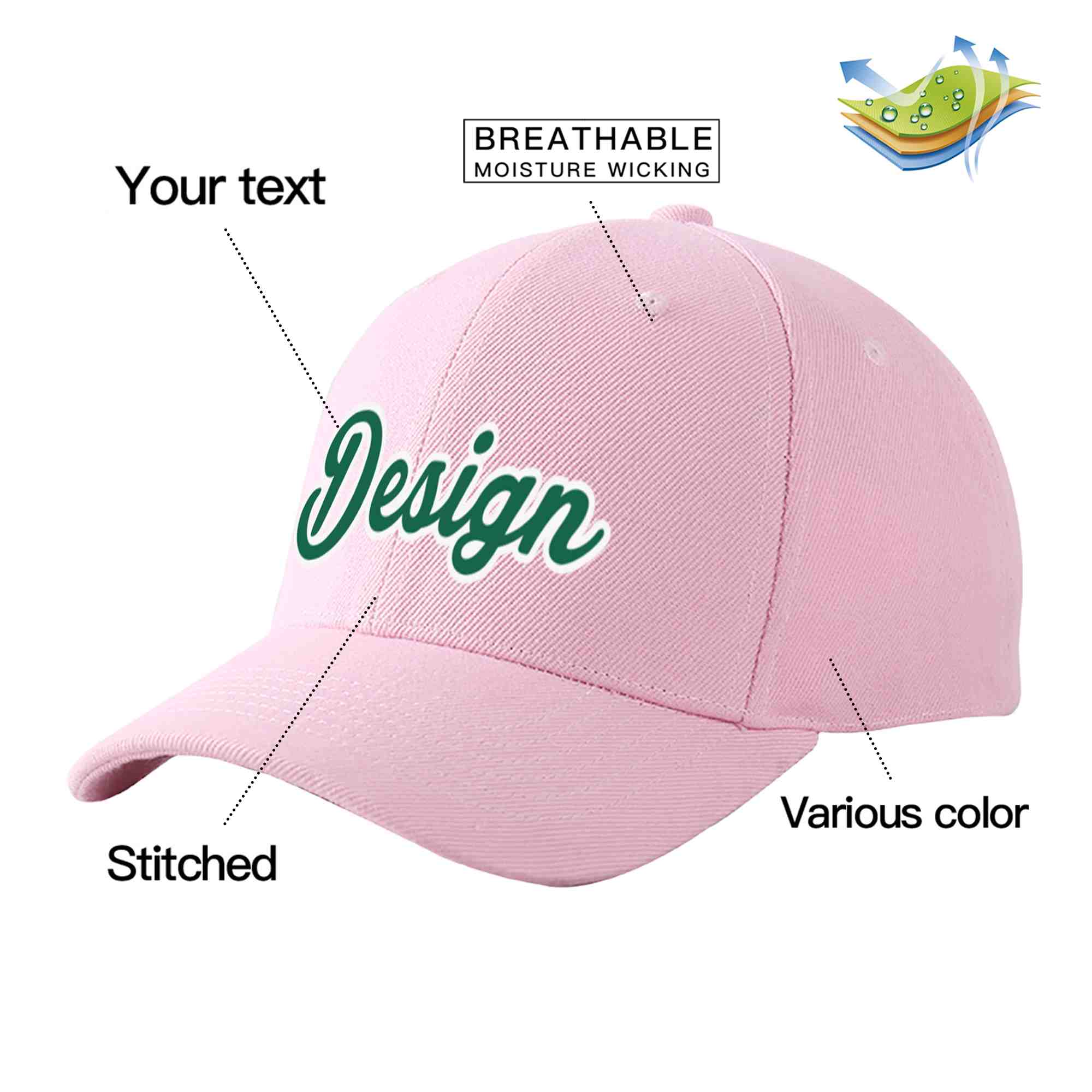 Custom Pink Kelly Green-White Curved Eaves Sport Design Baseball Cap