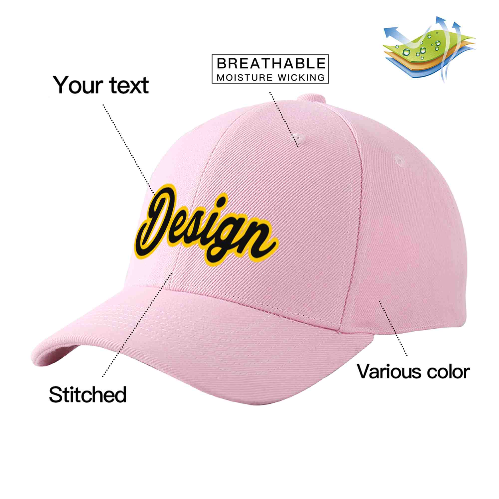 Custom Pink Black-Gold Curved Eaves Sport Design Baseball Cap